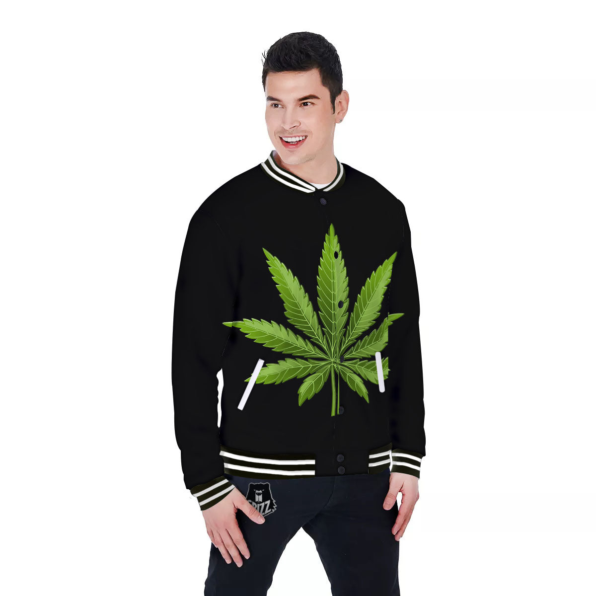 Marijuana Leaf Green Print Baseball Jacket-grizzshop