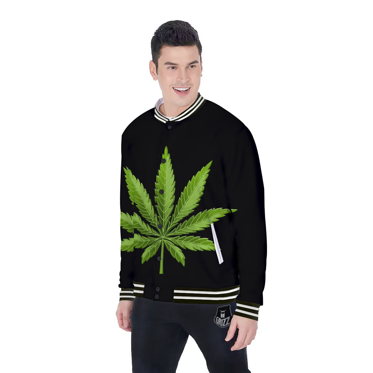Marijuana Leaf Green Print Baseball Jacket-grizzshop