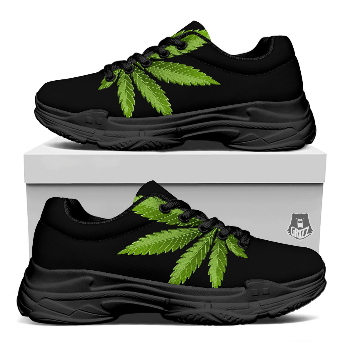 Marijuana Leaf Green Print Black Chunky Shoes-grizzshop