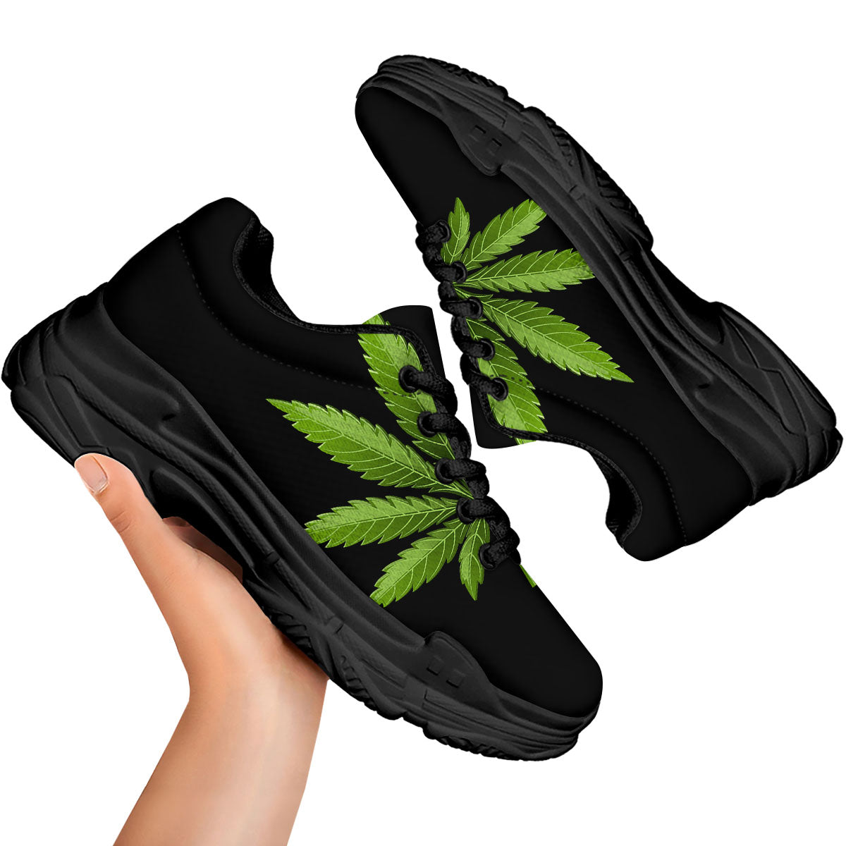 Marijuana Leaf Green Print Black Chunky Shoes-grizzshop