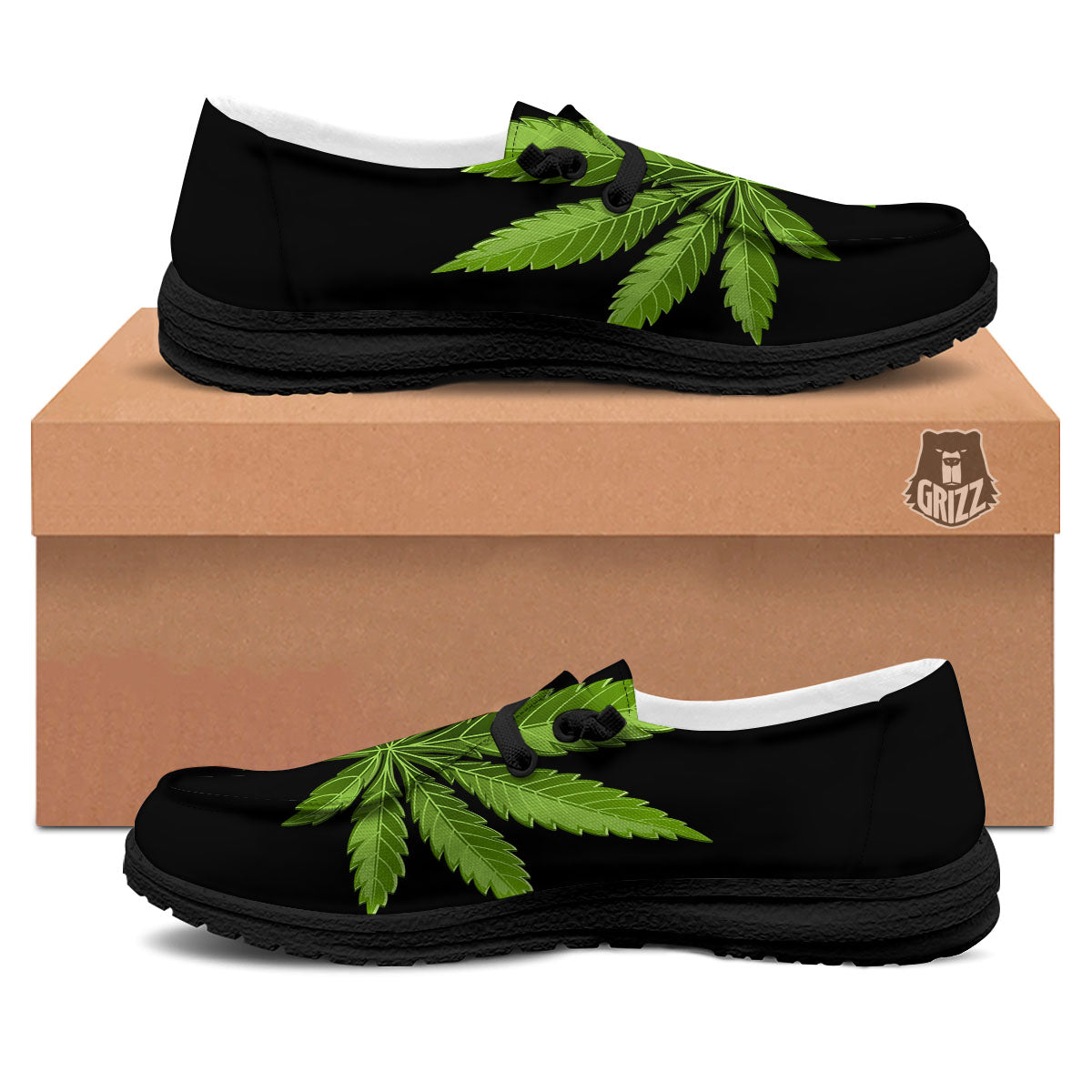 Marijuana Leaf Green Print Black Loafers-grizzshop