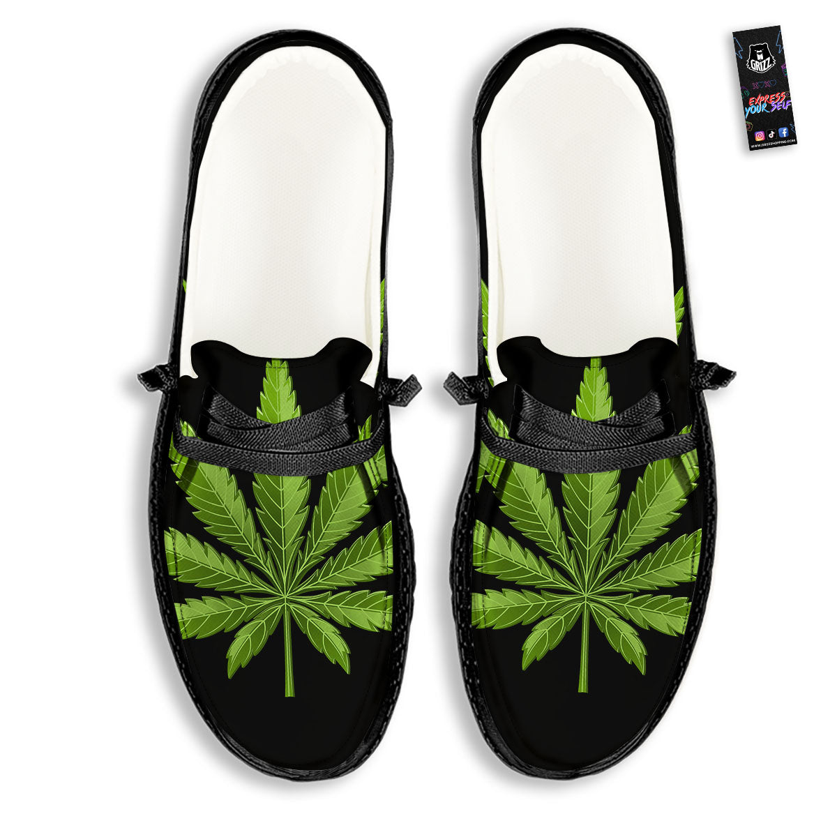 Marijuana Leaf Green Print Black Loafers-grizzshop