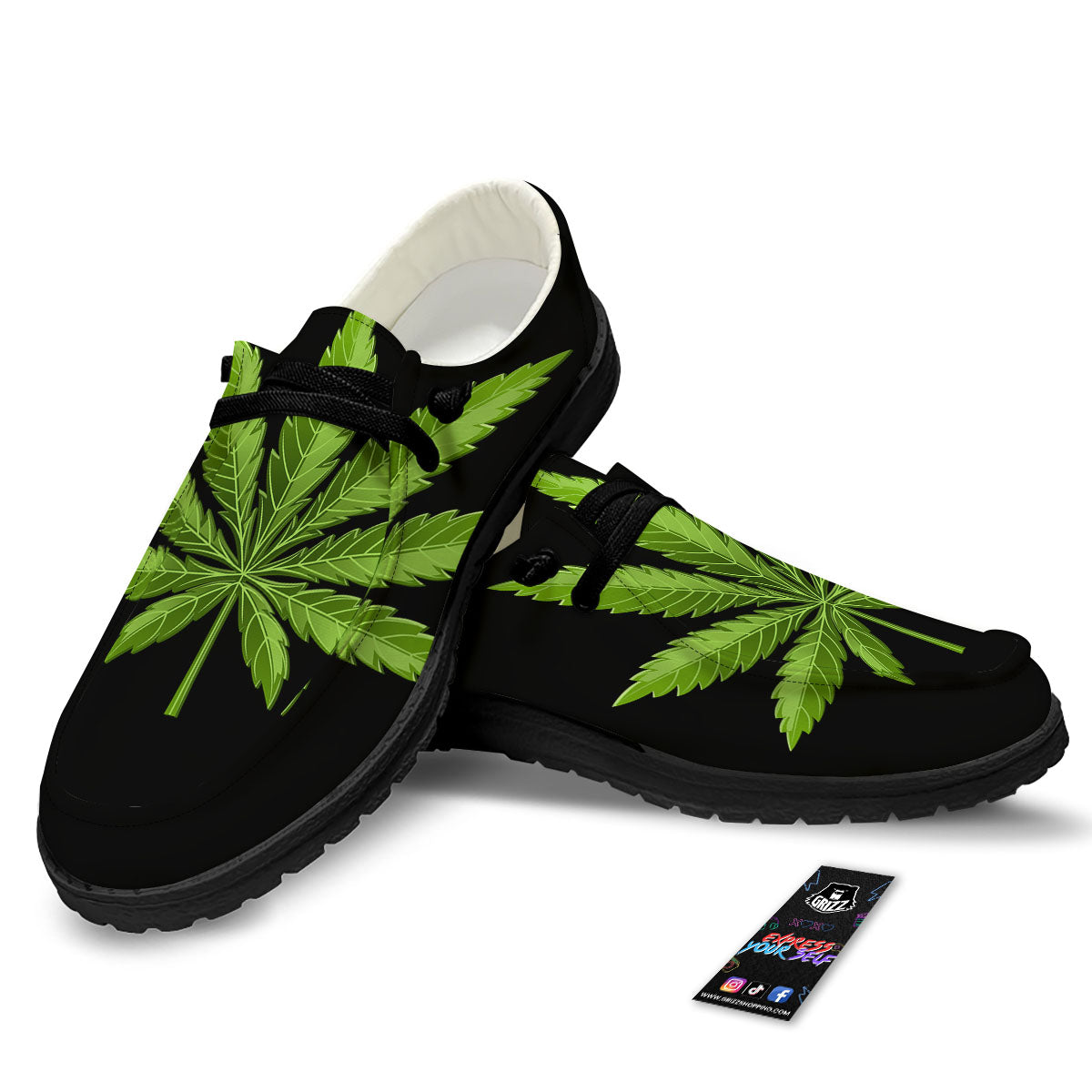 Marijuana Leaf Green Print Black Loafers-grizzshop