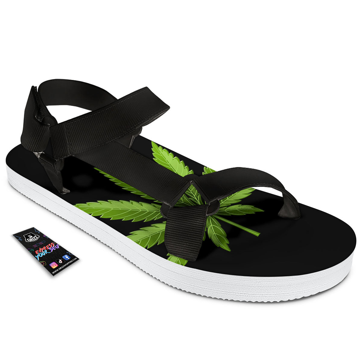 Marijuana Leaf Green Print Black Open Toe Sandals-grizzshop