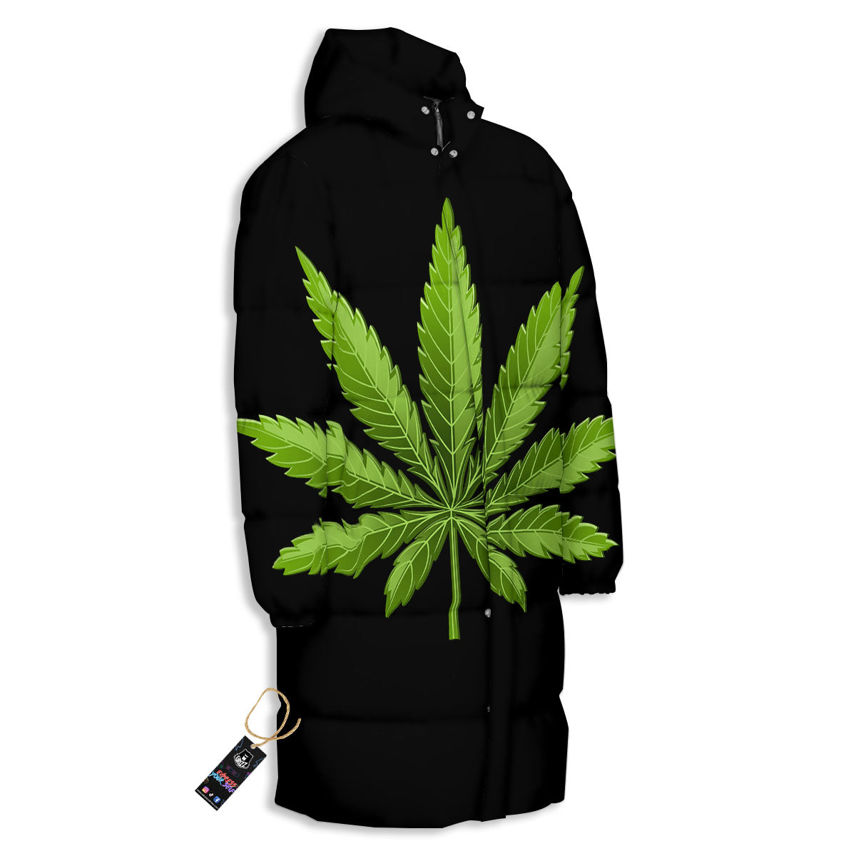 Marijuana Leaf Green Print Long Down Jacket-grizzshop