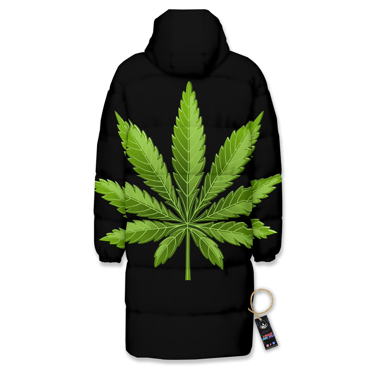 Marijuana Leaf Green Print Long Down Jacket-grizzshop