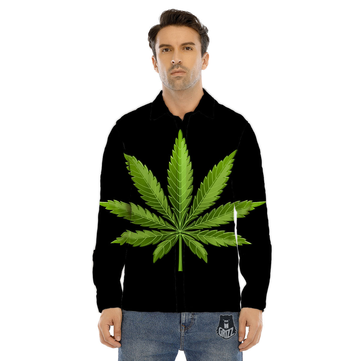 Marijuana Leaf Green Print Men's Dress Shirts-grizzshop