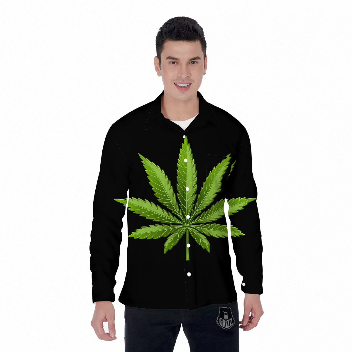 Marijuana Leaf Green Print Men's Long Sleeve Shirts-grizzshop