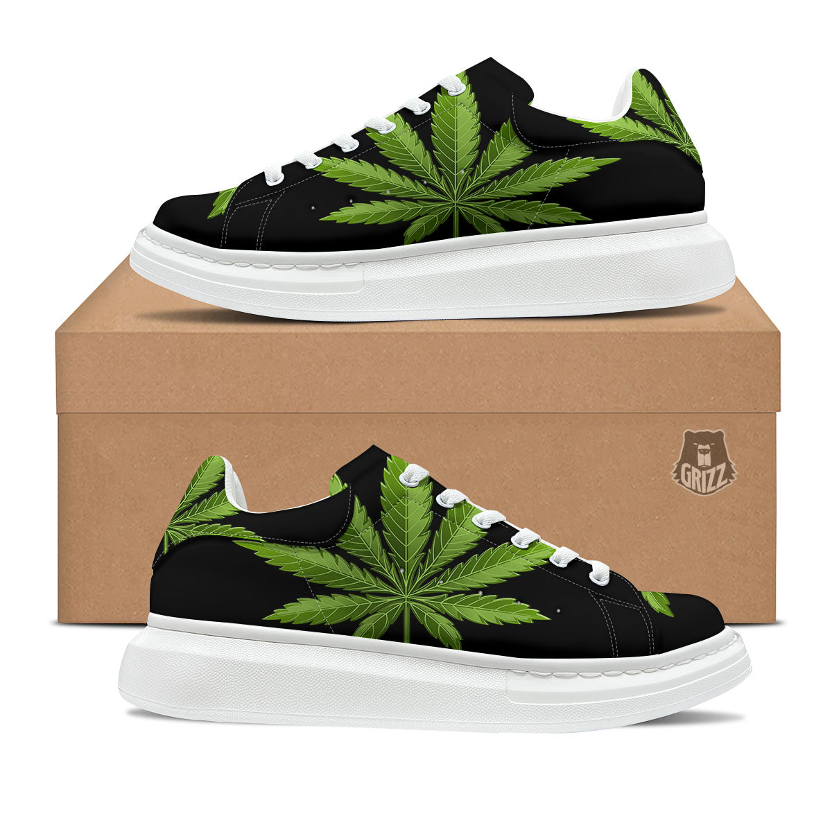 Marijuana Leaf Green Print Platform Shoes-grizzshop