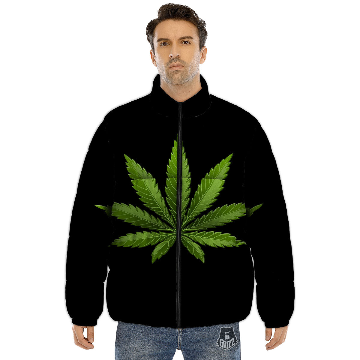Marijuana Leaf Green Print Puffer Jacket-grizzshop