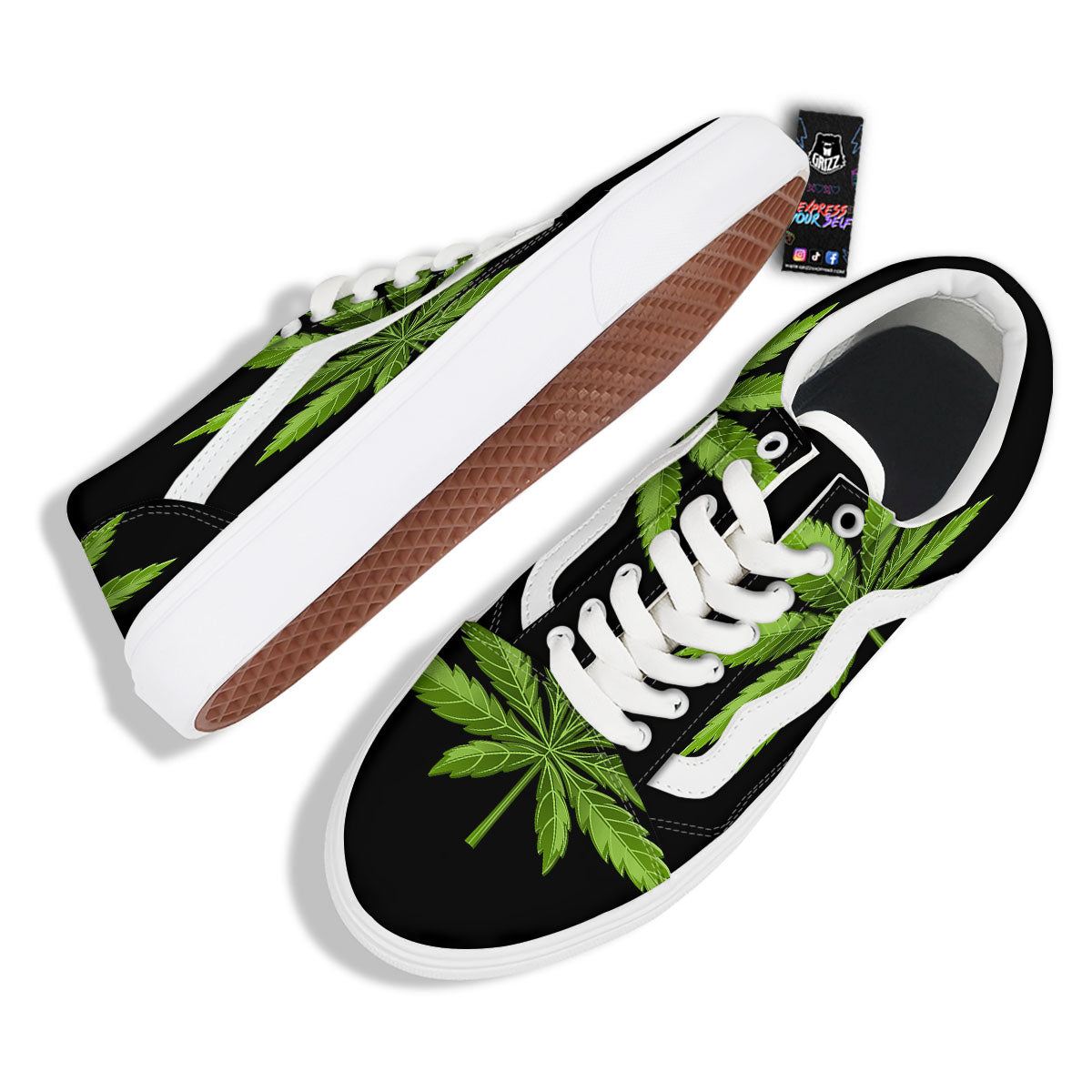Marijuana Leaf Green Print Skate Shoes-grizzshop