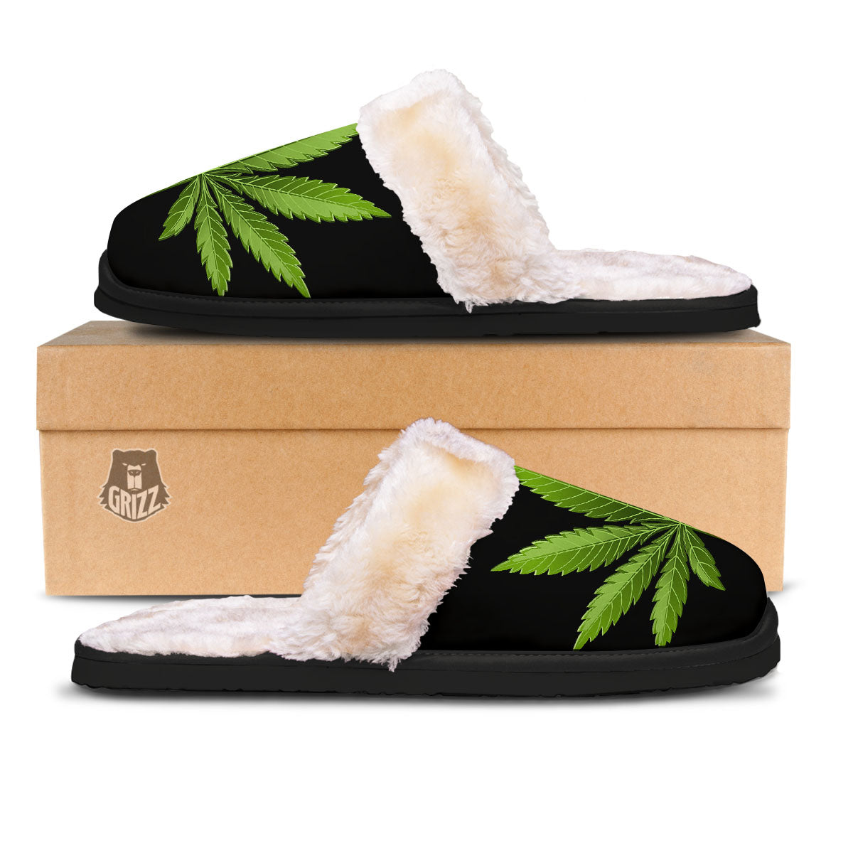 Marijuana Leaf Green Print Slippers-grizzshop