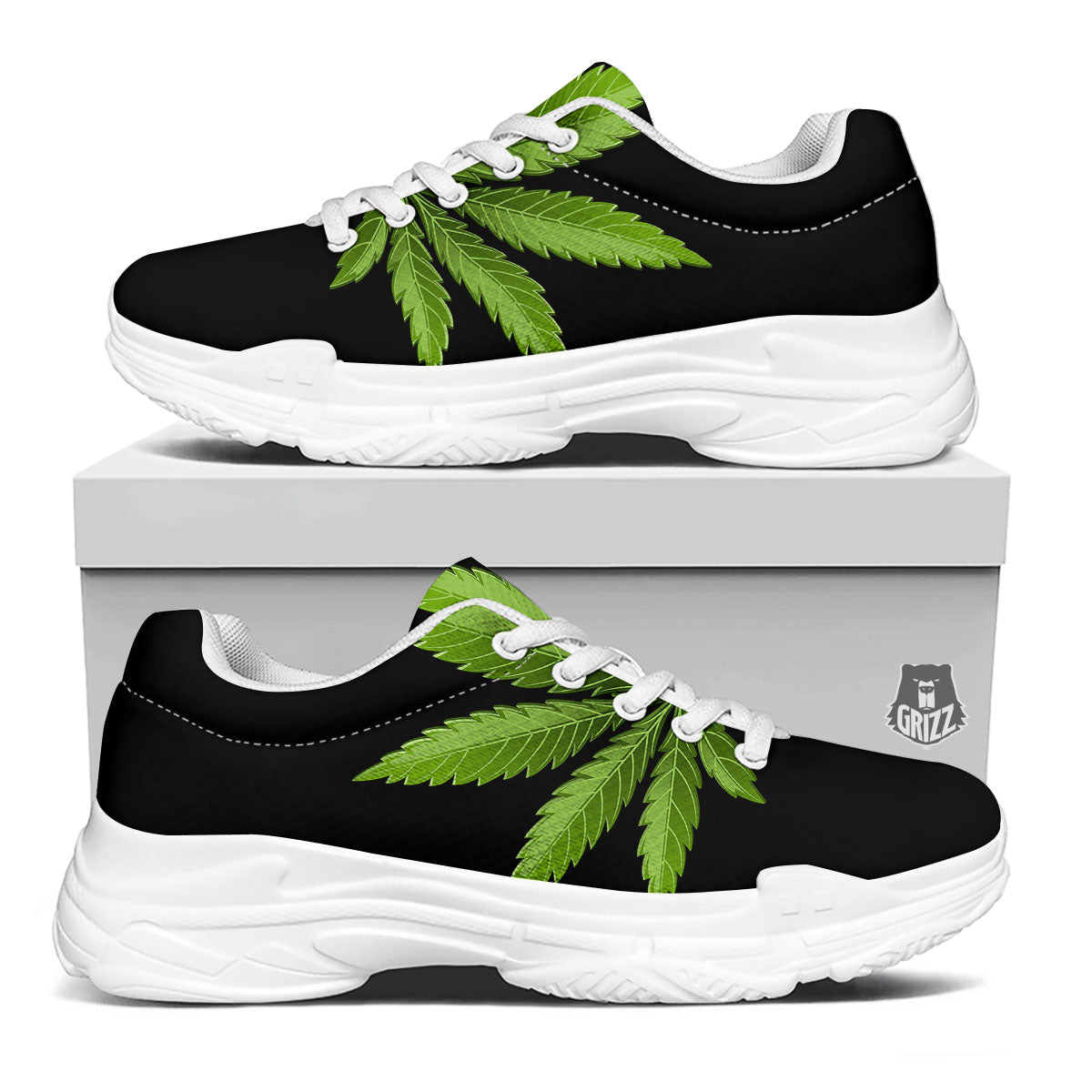 Marijuana Leaf Green Print White Chunky Shoes-grizzshop