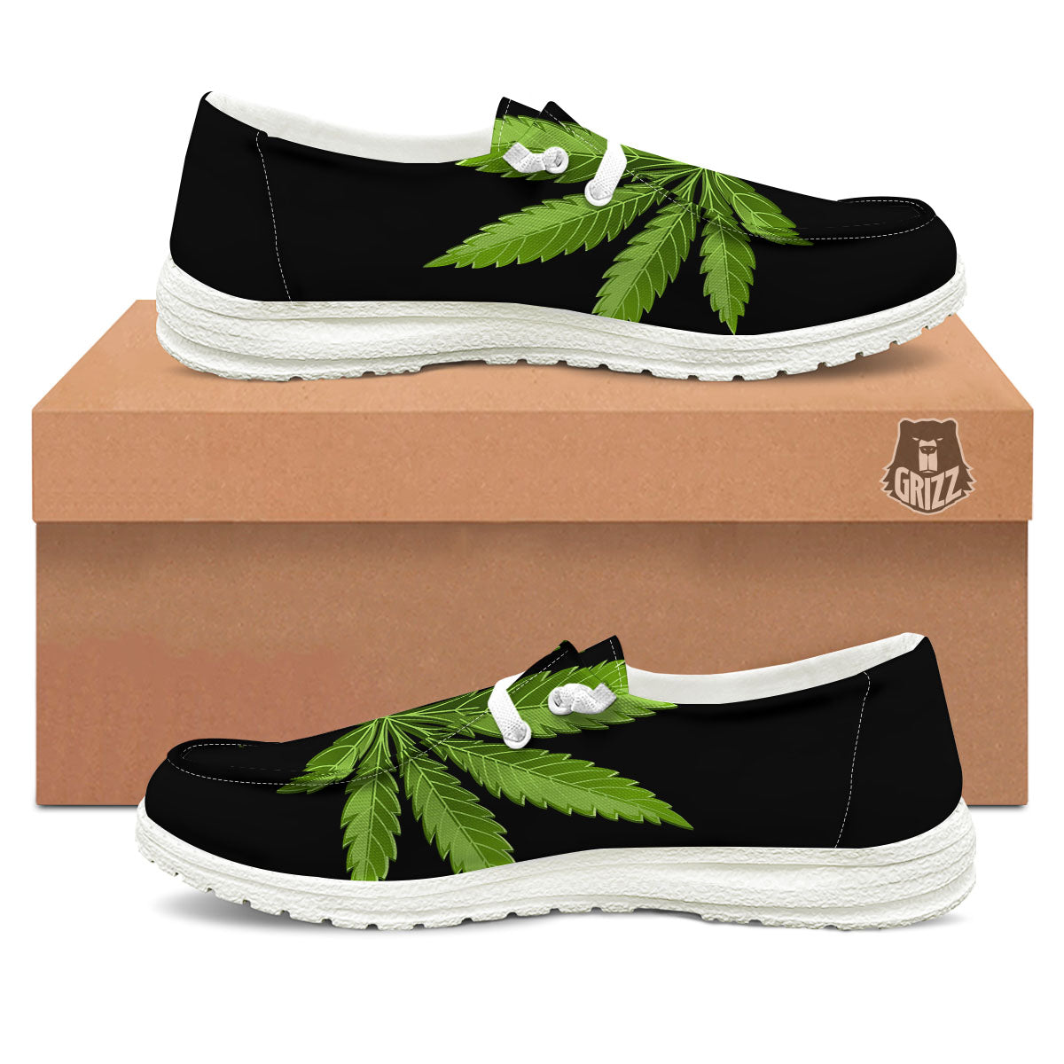 Marijuana Leaf Green Print White Loafers-grizzshop