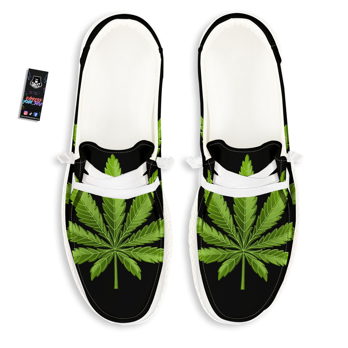 Marijuana Leaf Green Print White Loafers-grizzshop