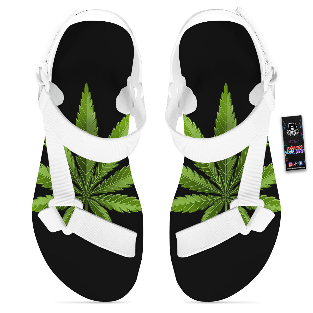 Marijuana Leaf Green Print White Open Toe Sandals-grizzshop