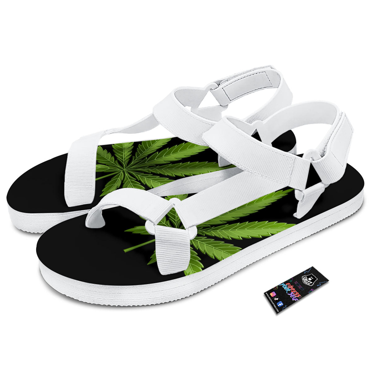 Marijuana Leaf Green Print White Open Toe Sandals-grizzshop