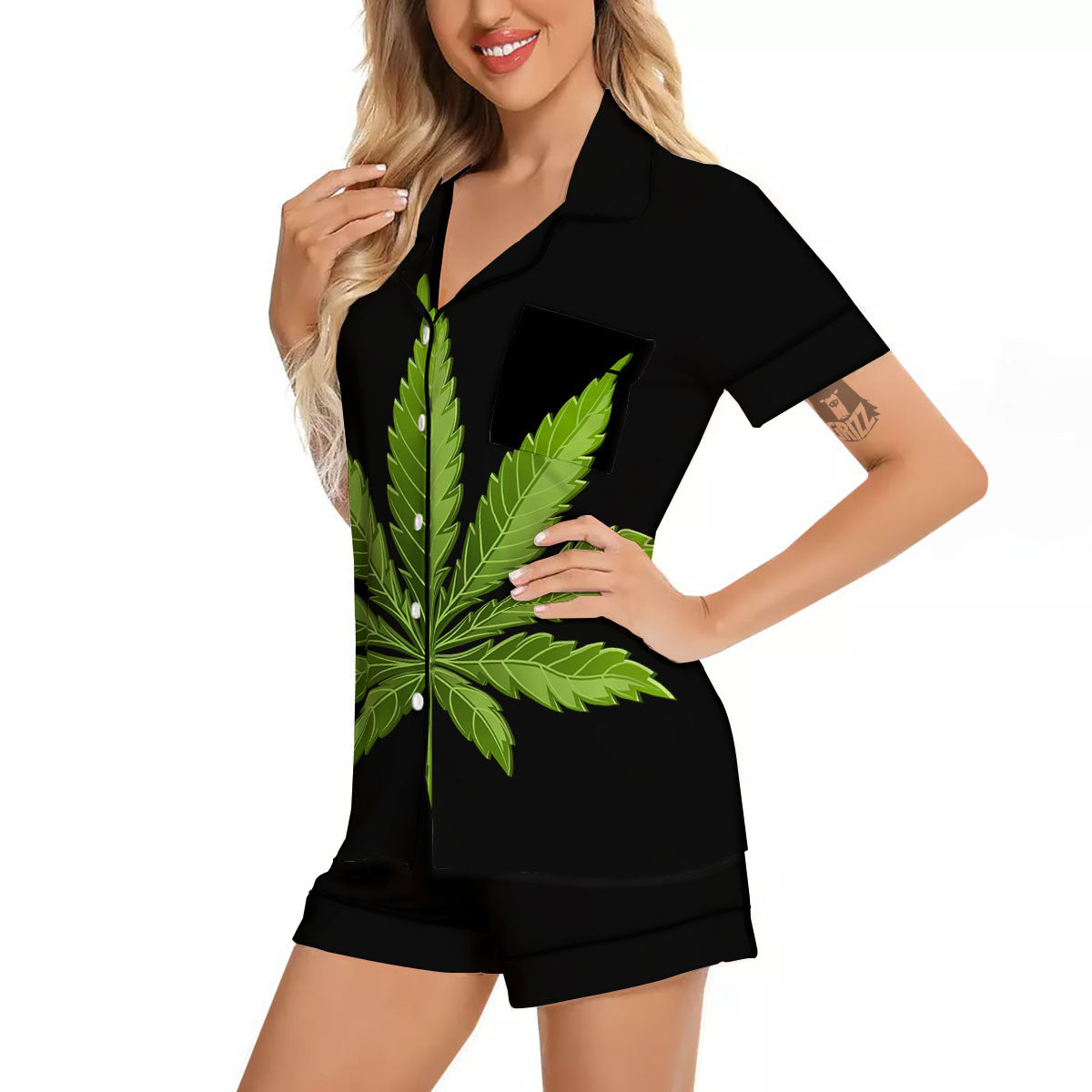 Marijuana Leaf Green Print Women Silk Pajamas-grizzshop