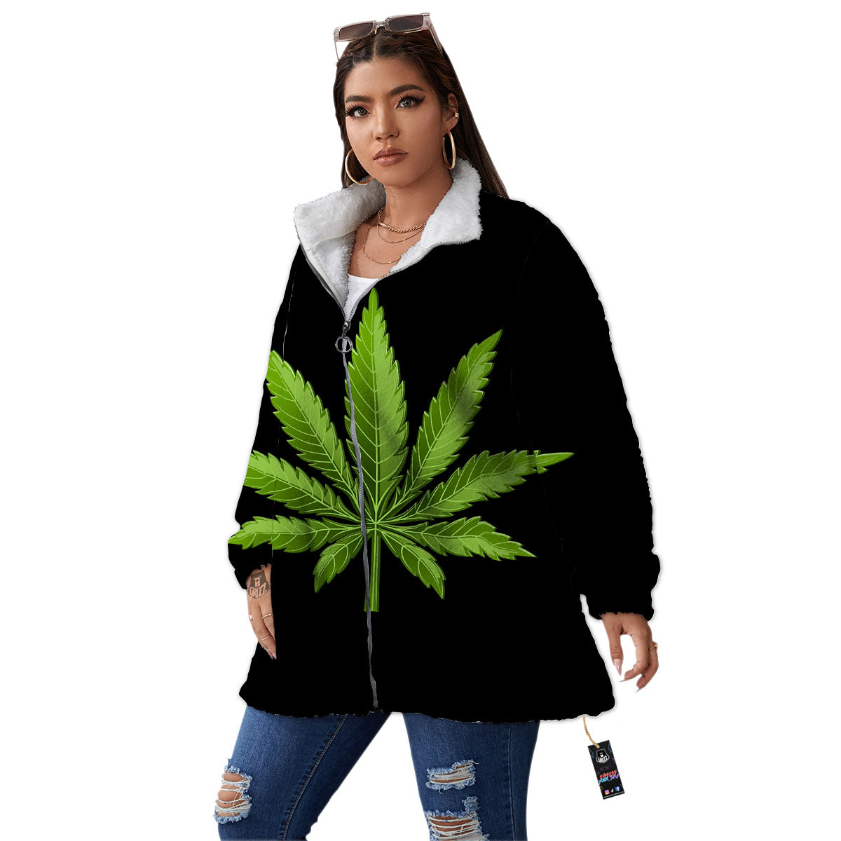 Marijuana Leaf Green Print Women's Sherpa Jacket-grizzshop