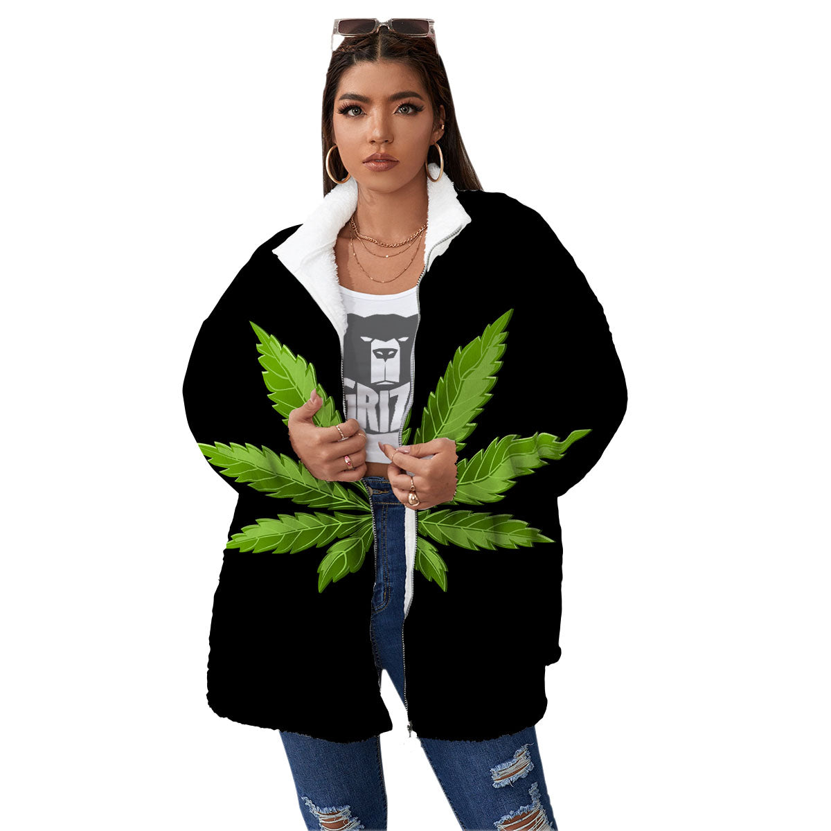 Marijuana Leaf Green Print Women's Sherpa Jacket-grizzshop