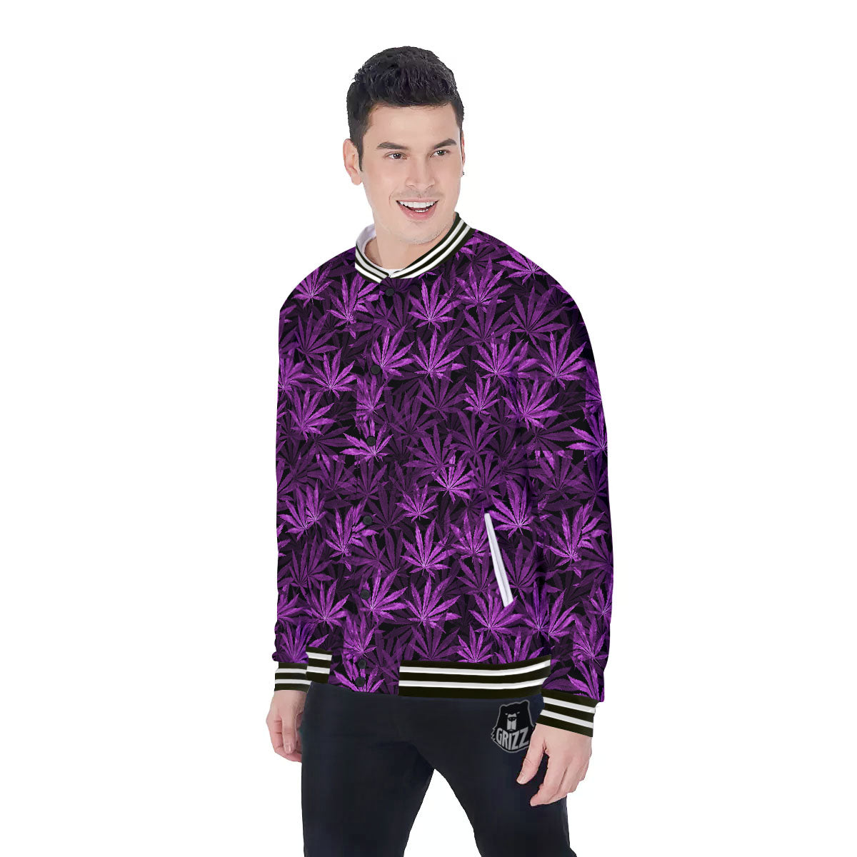Marijuana Leaf Purple Print Pattern Baseball Jacket-grizzshop