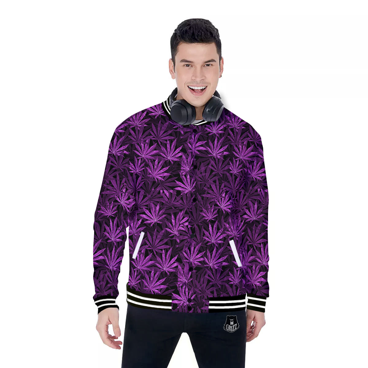 Marijuana Leaf Purple Print Pattern Baseball Jacket-grizzshop