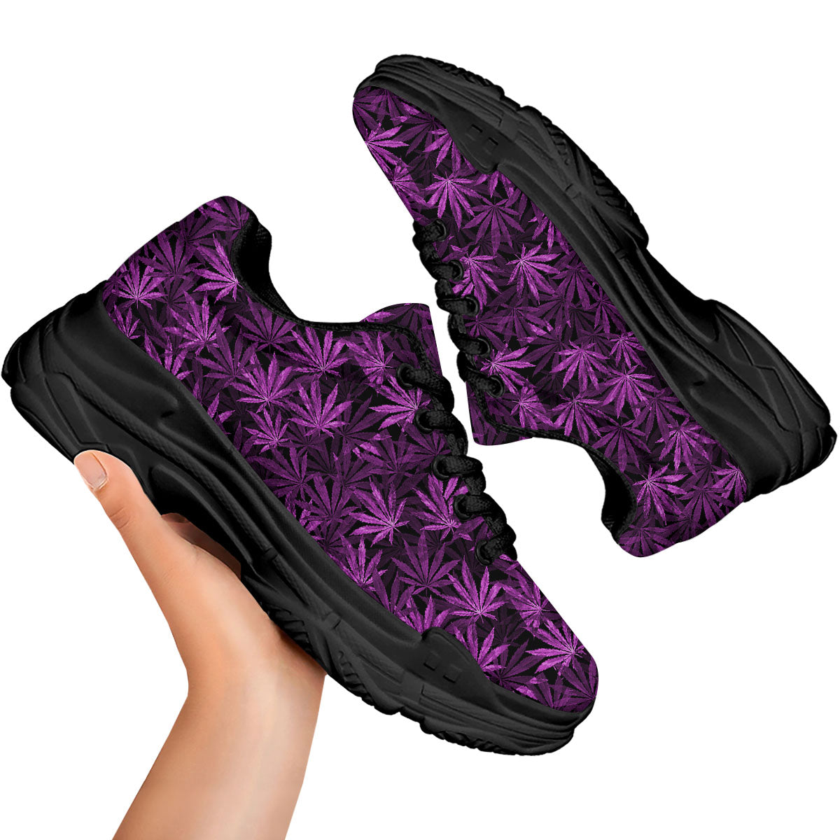 Marijuana Leaf Purple Print Pattern Black Chunky Shoes-grizzshop