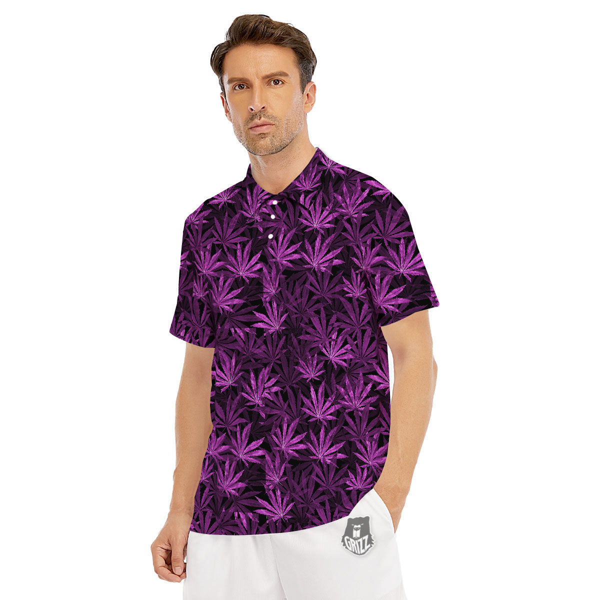 Marijuana Leaf Purple Print Pattern Men's Golf Shirts-grizzshop