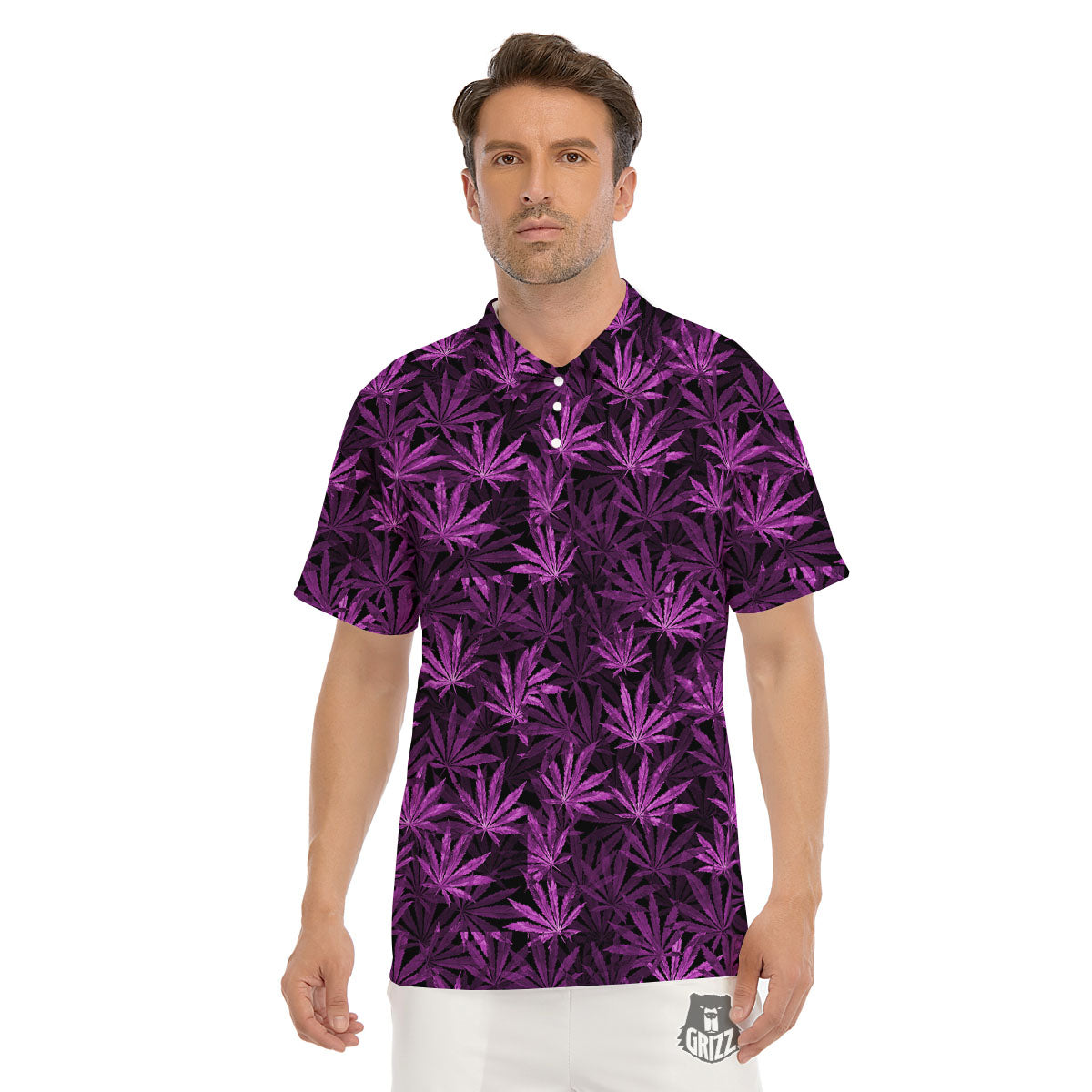 Marijuana Leaf Purple Print Pattern Men's Golf Shirts-grizzshop