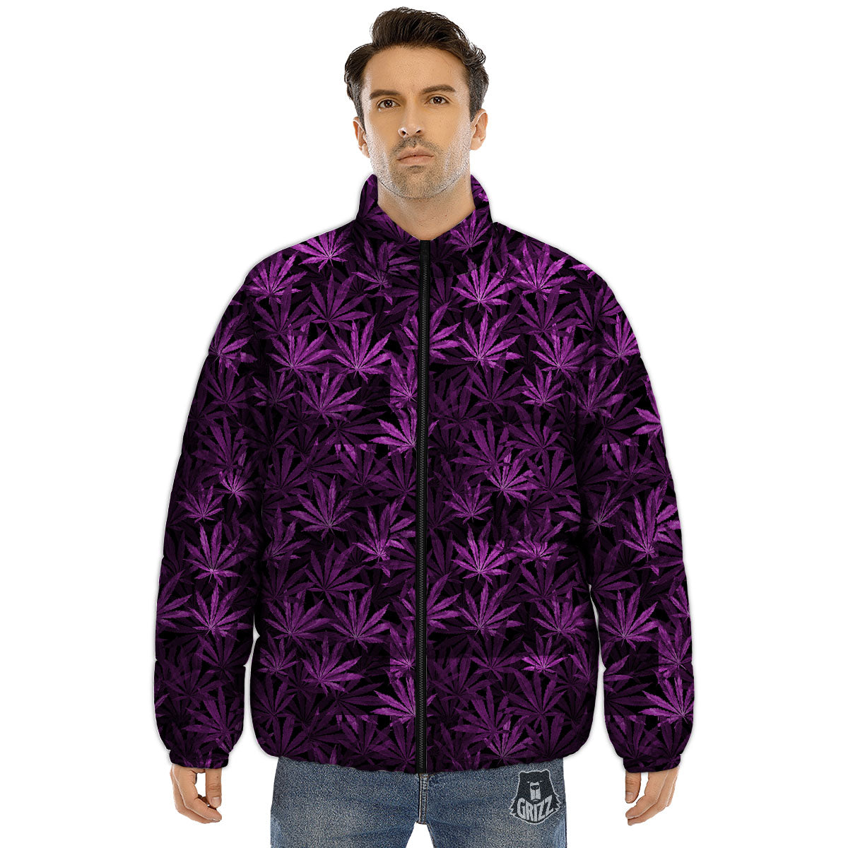 Marijuana Leaf Purple Print Pattern Puffer Jacket-grizzshop