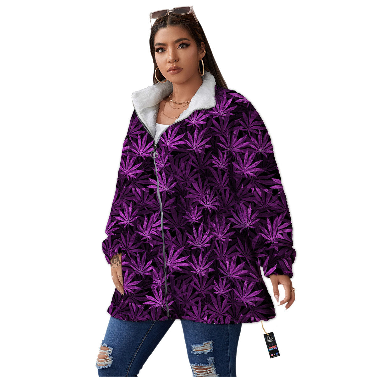 Marijuana Leaf Purple Print Pattern Women's Sherpa Jacket-grizzshop