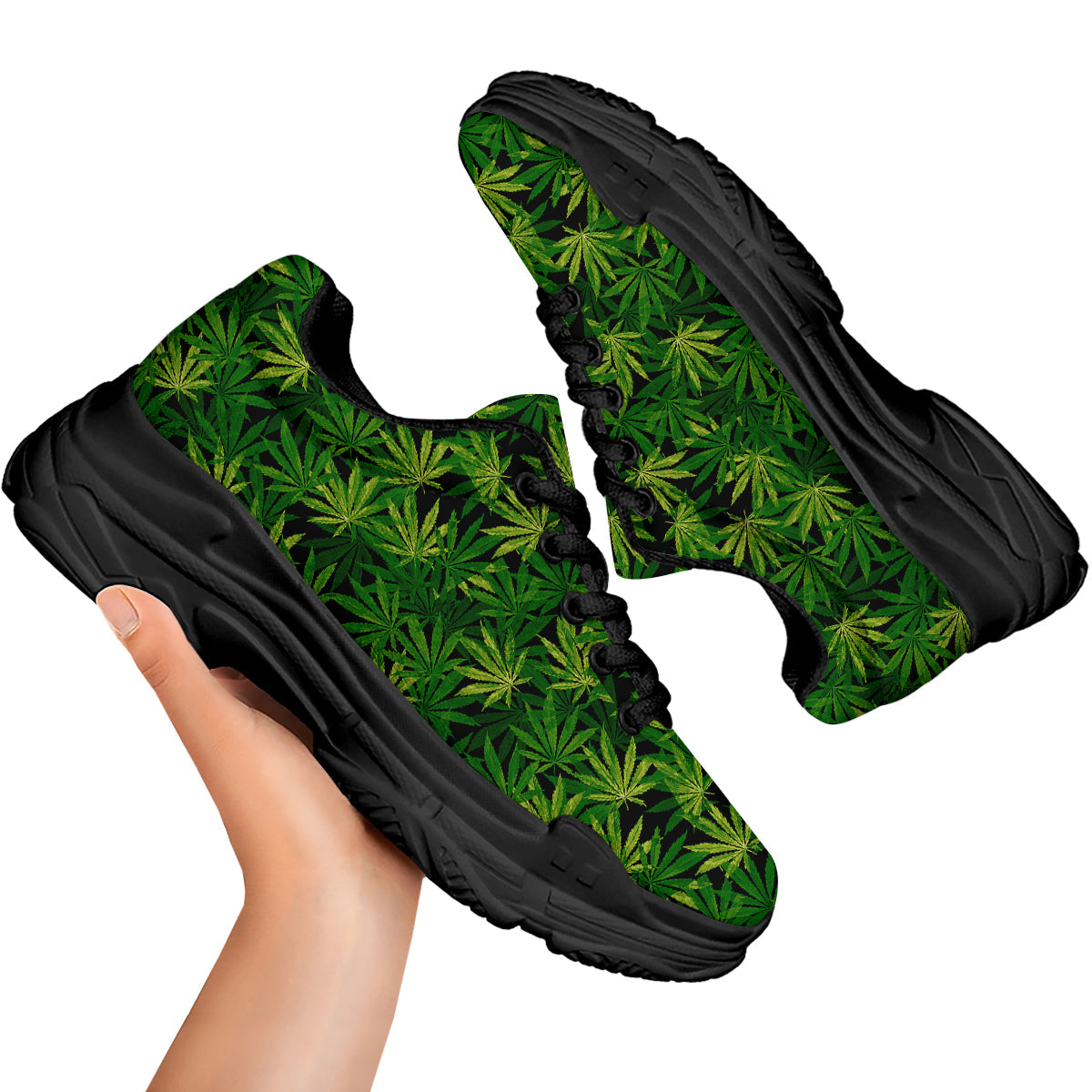 Marijuana Leaf Watercolor Print Pattern Black Chunky Shoes-grizzshop
