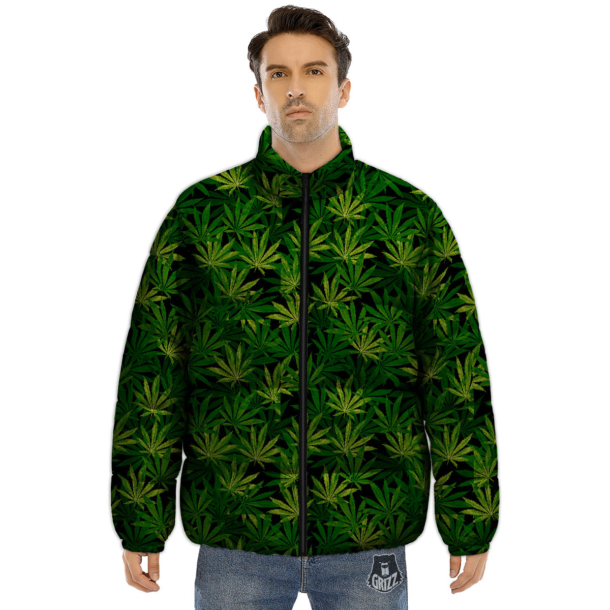 Marijuana Leaf Watercolor Print Pattern Puffer Jacket-grizzshop