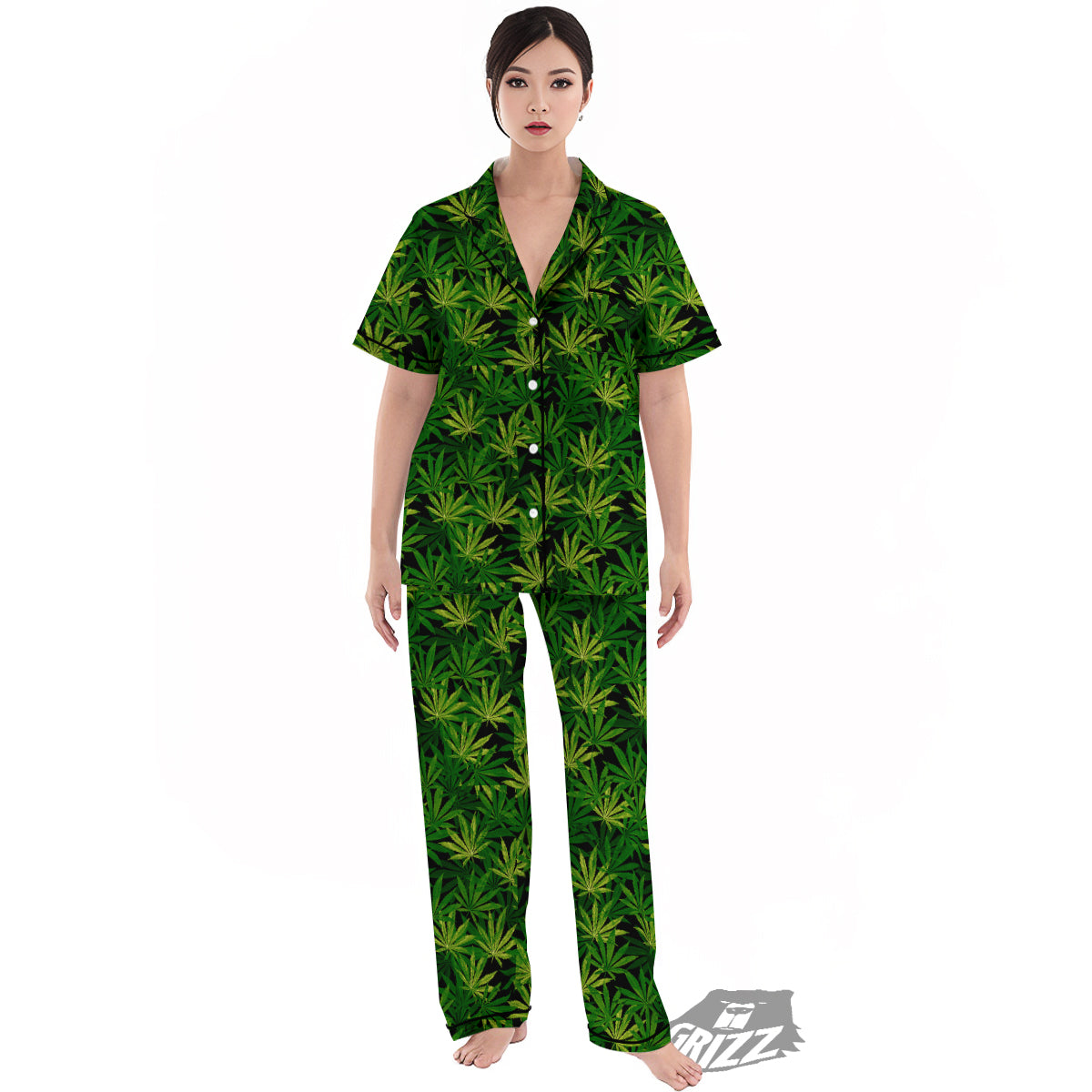 Marijuana Leaf Watercolor Print Pattern Women's Pajamas Set-grizzshop