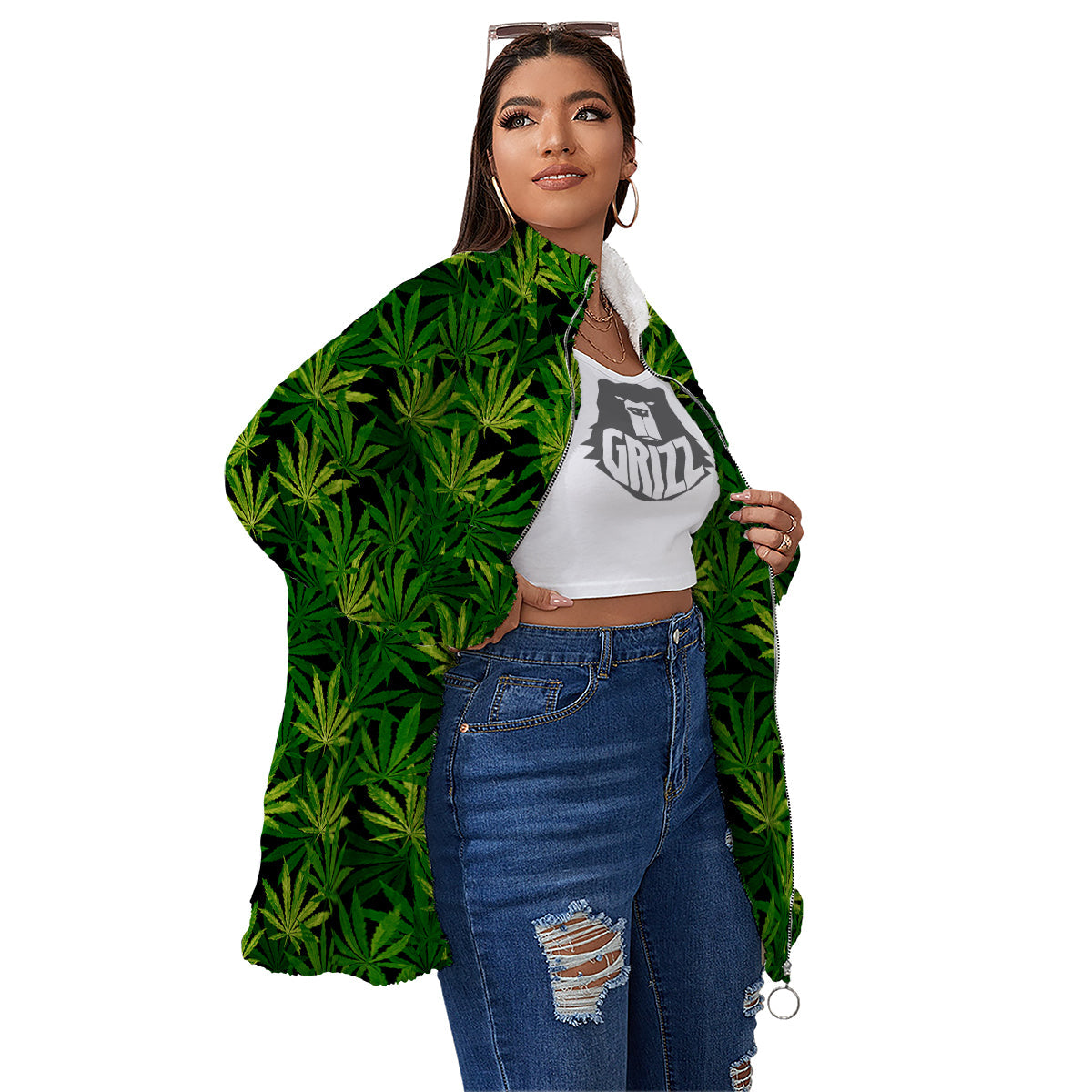 Marijuana Leaf Watercolor Print Pattern Women's Sherpa Jacket-grizzshop