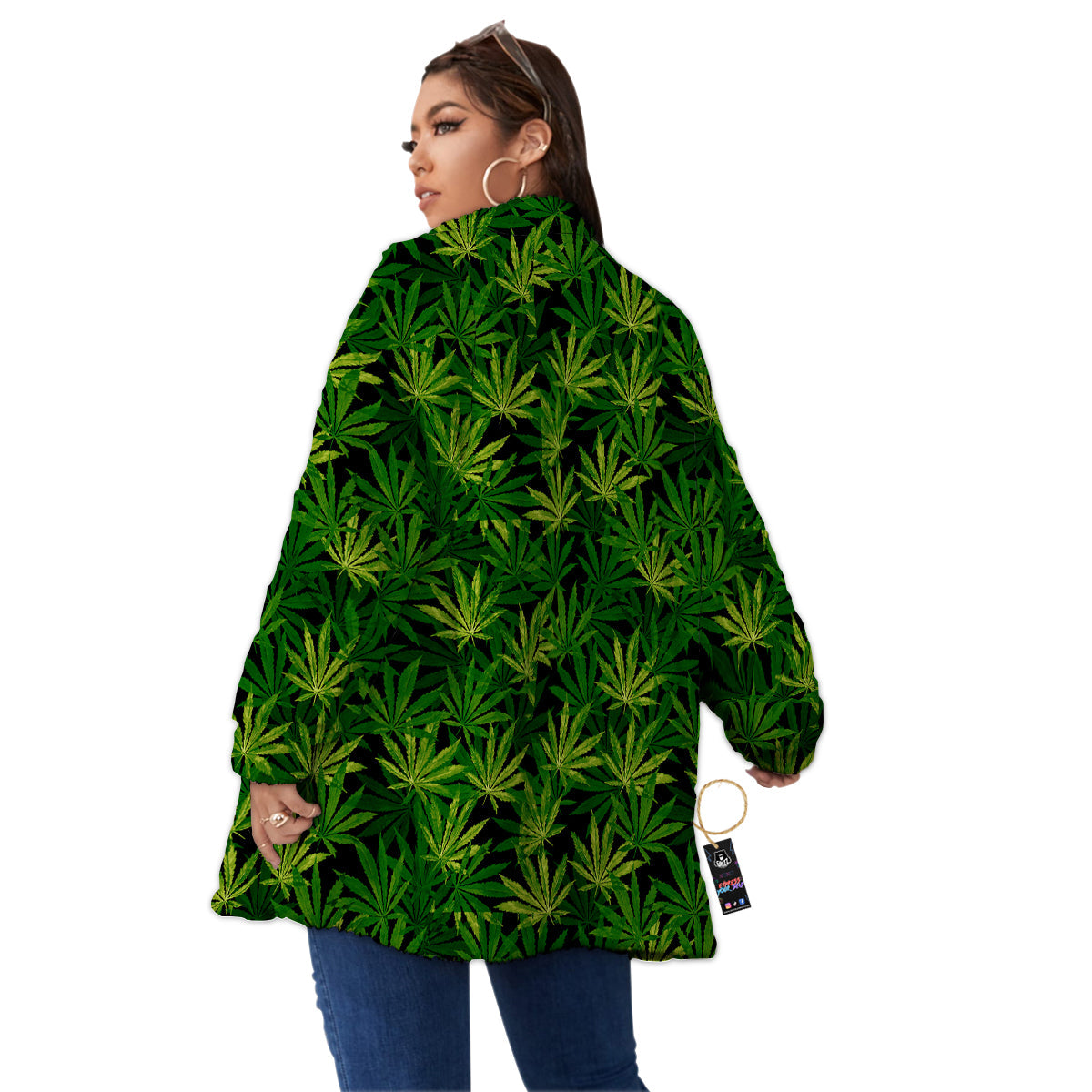 Marijuana Leaf Watercolor Print Pattern Women's Sherpa Jacket-grizzshop