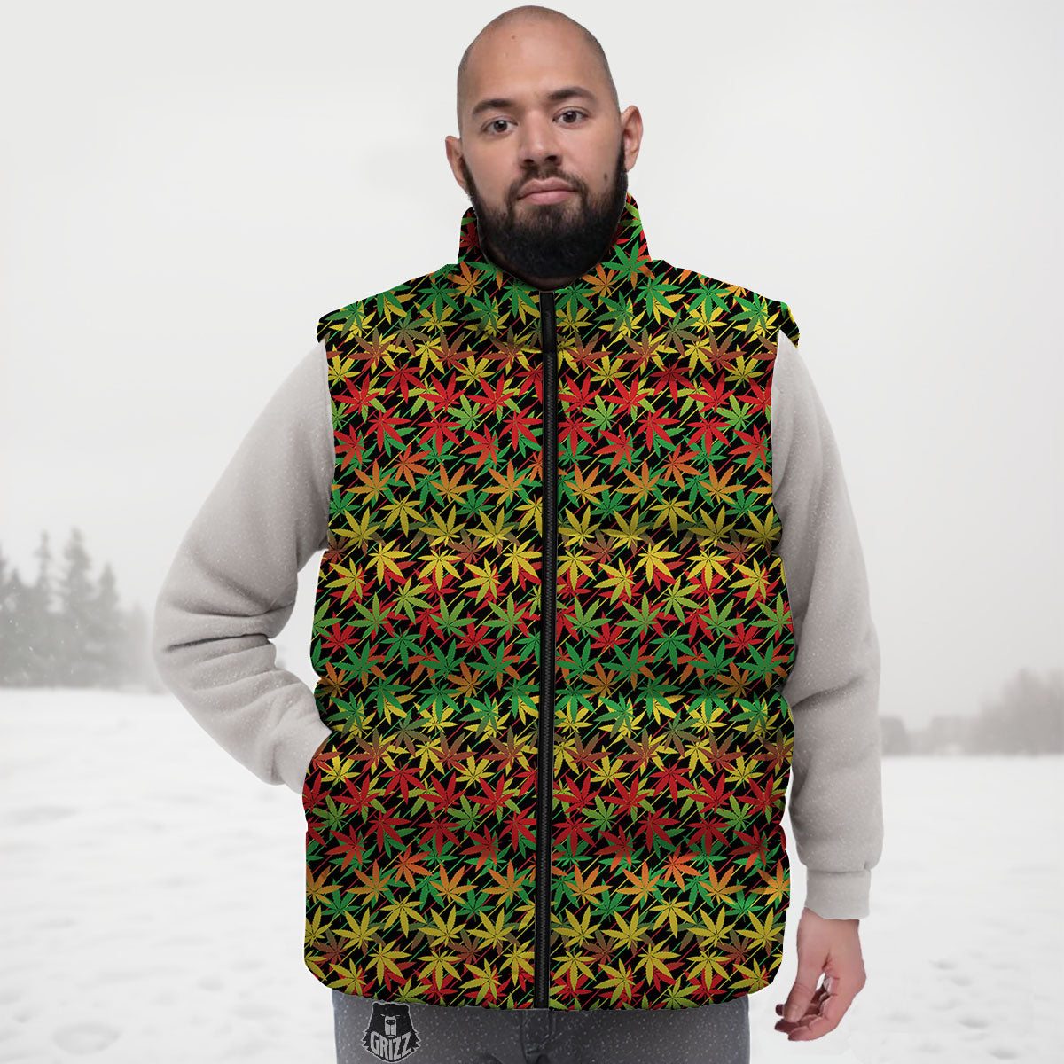 Marijuana Rasta Print Pattern Down Vest-grizzshop