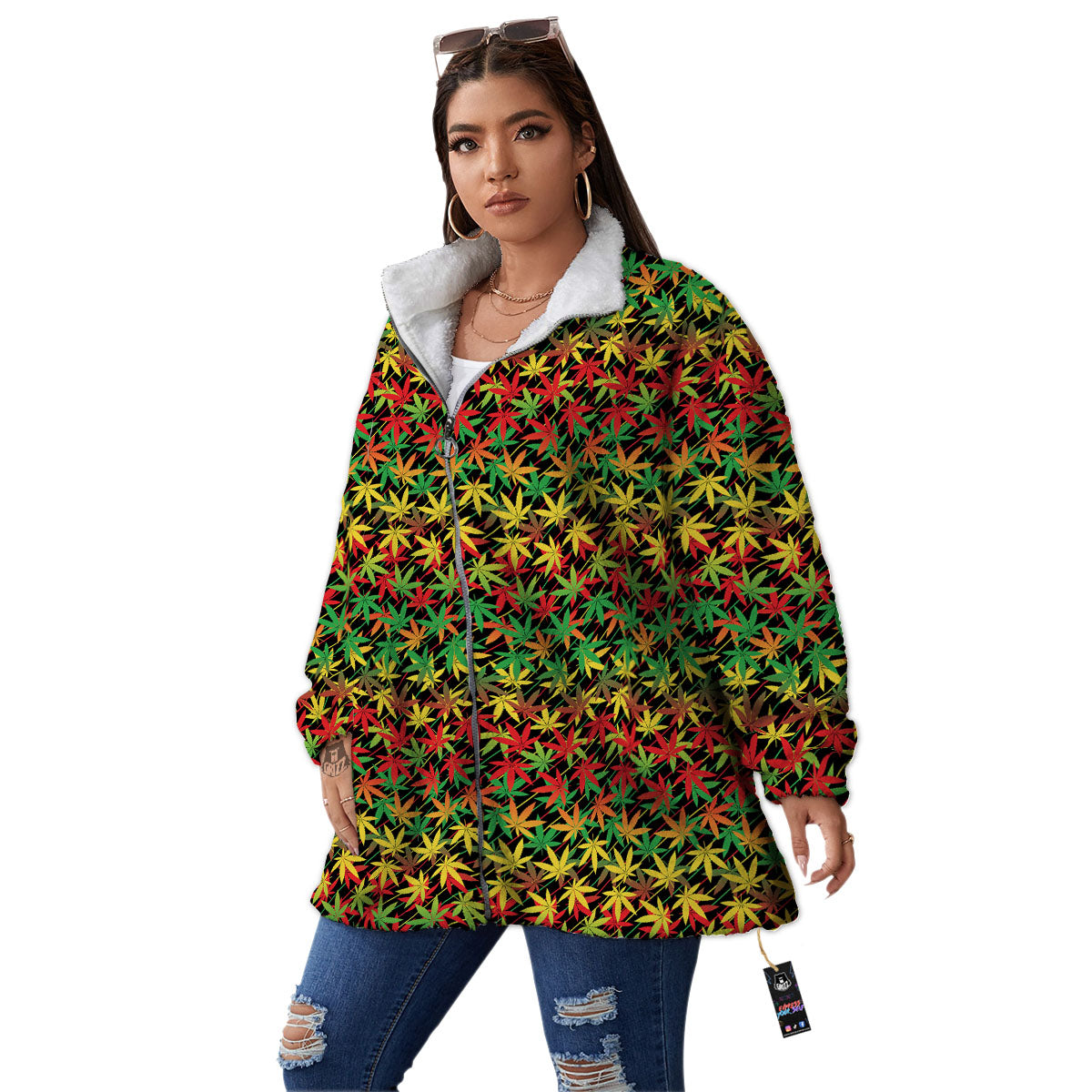 Marijuana Rasta Print Pattern Women's Sherpa Jacket-grizzshop
