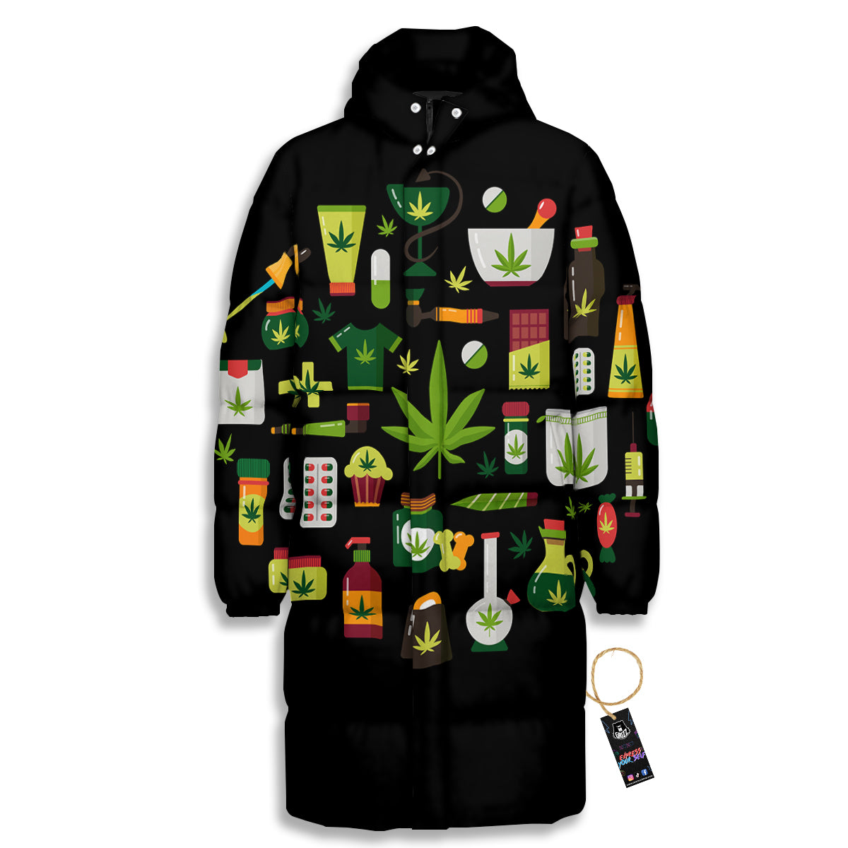 Marijuana And Cannabis Print Long Down Jacket