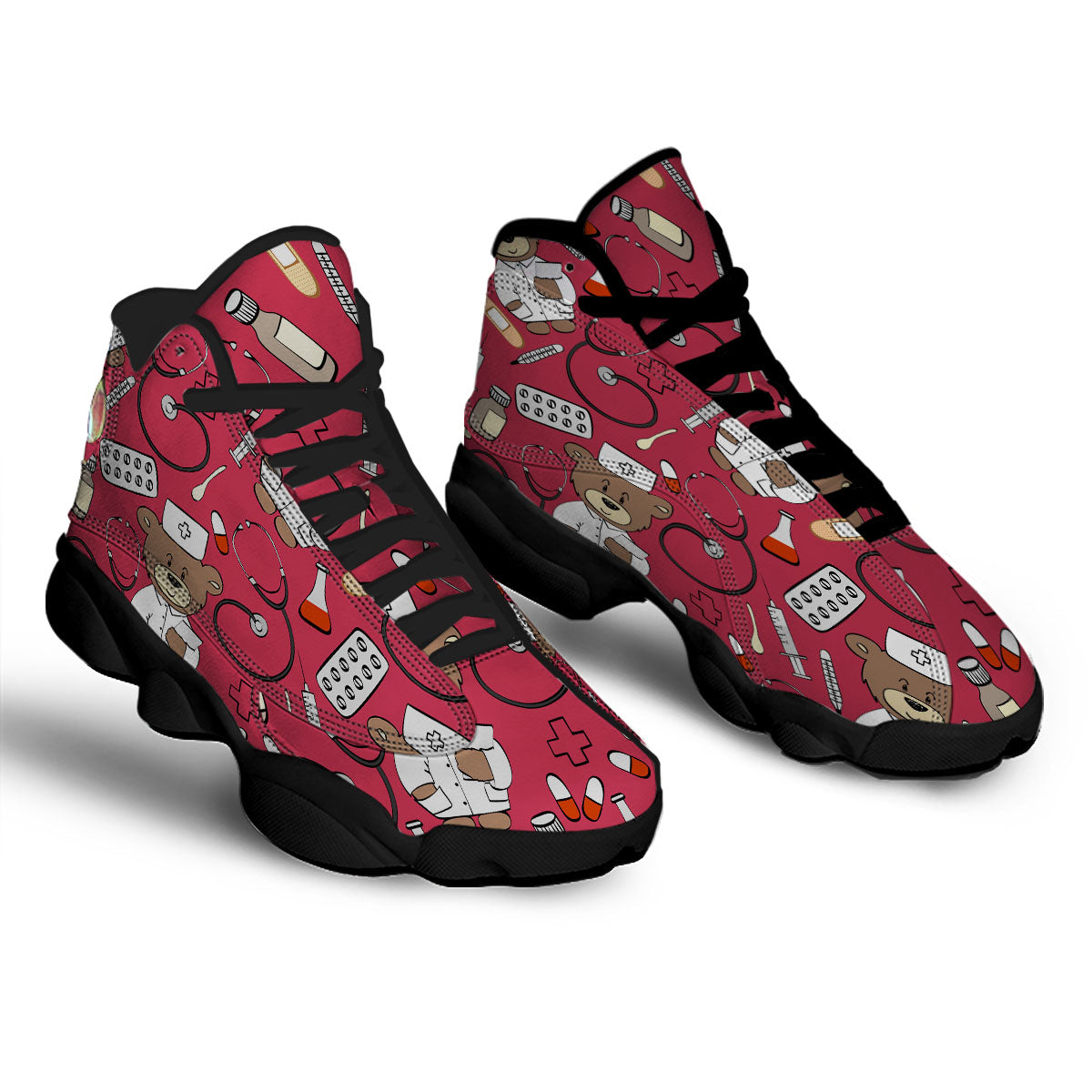 Maroon Teddy Bear Nurse Black Basketball Shoes-grizzshop