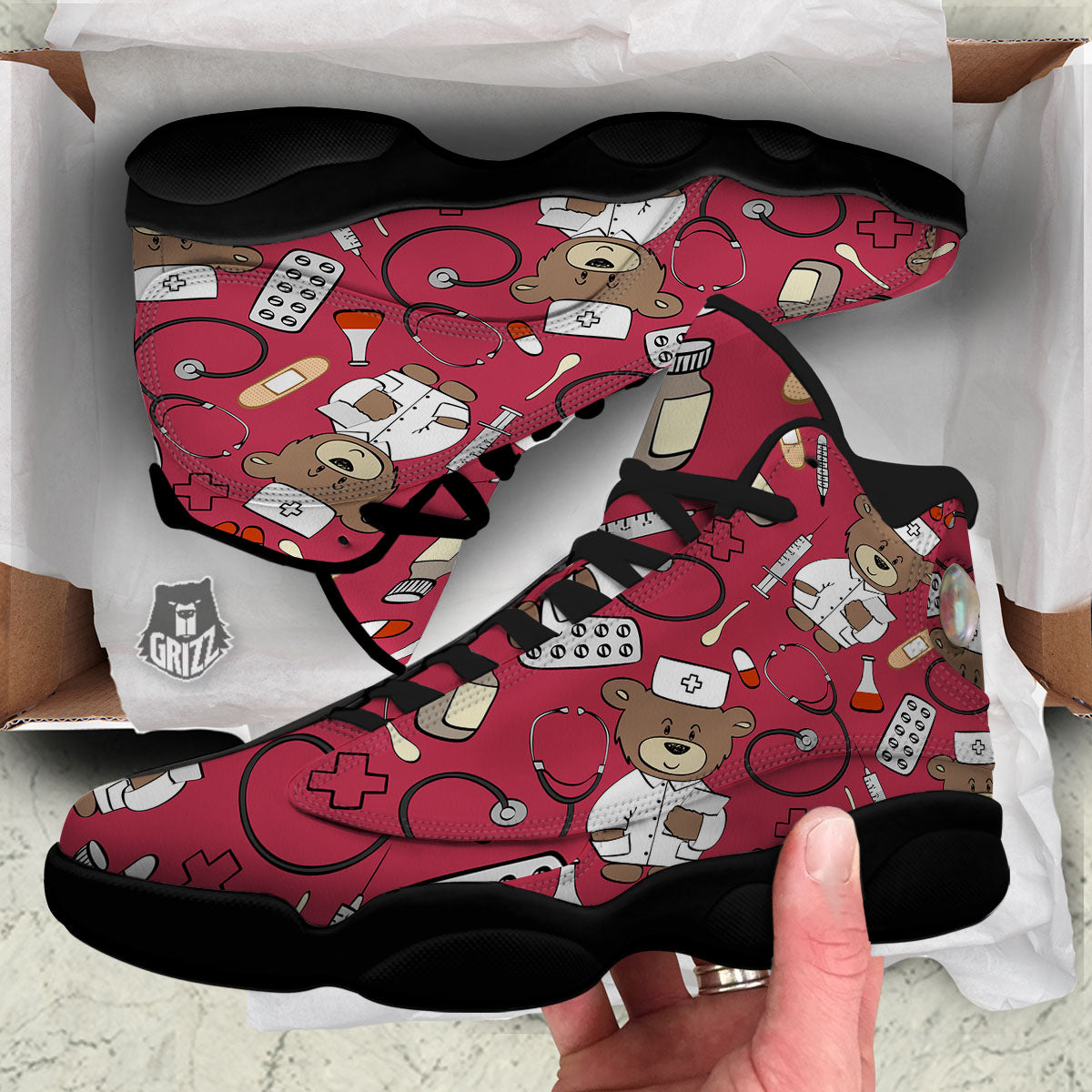 Maroon Teddy Bear Nurse Black Basketball Shoes-grizzshop