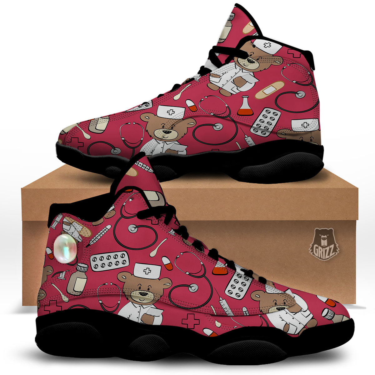 Maroon Teddy Bear Nurse Black Basketball Shoes-grizzshop