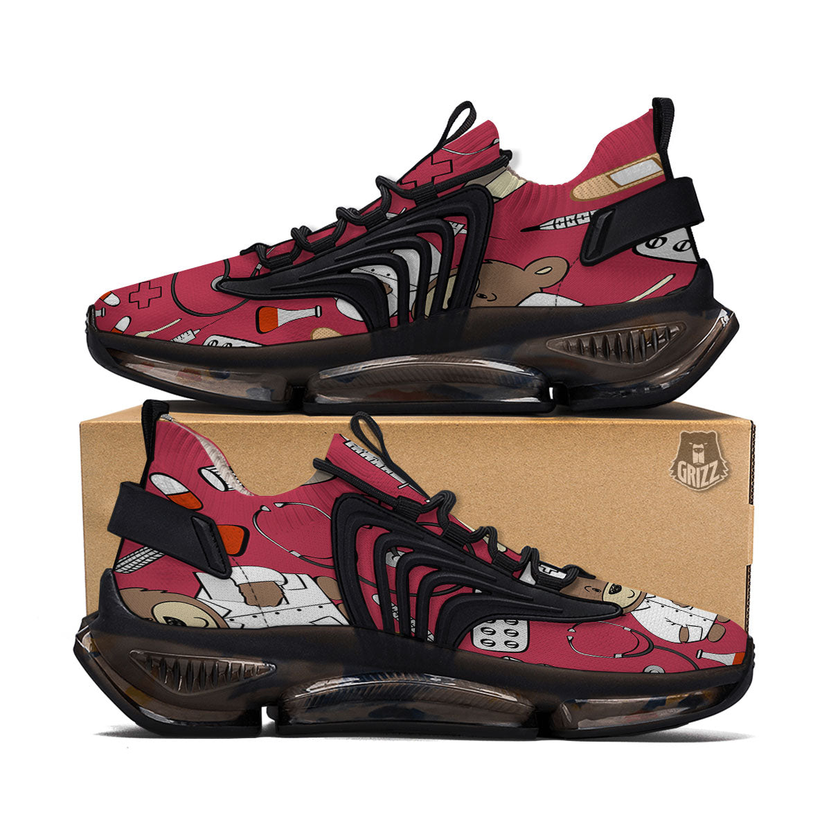 Maroon Teddy Bear Nurse Black Gym Shoes-grizzshop