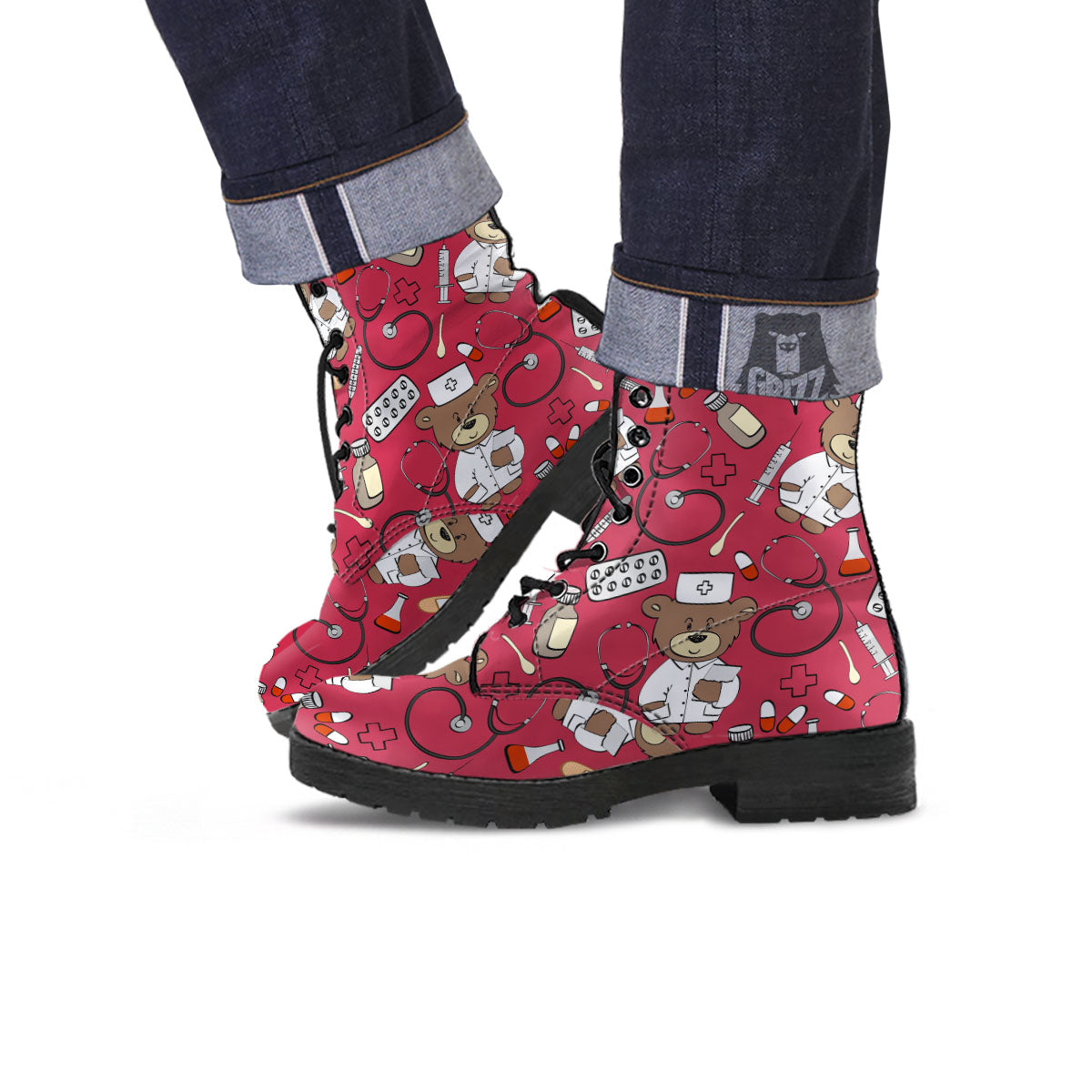 Maroon Teddy Bear Nurse Leather Boots-grizzshop