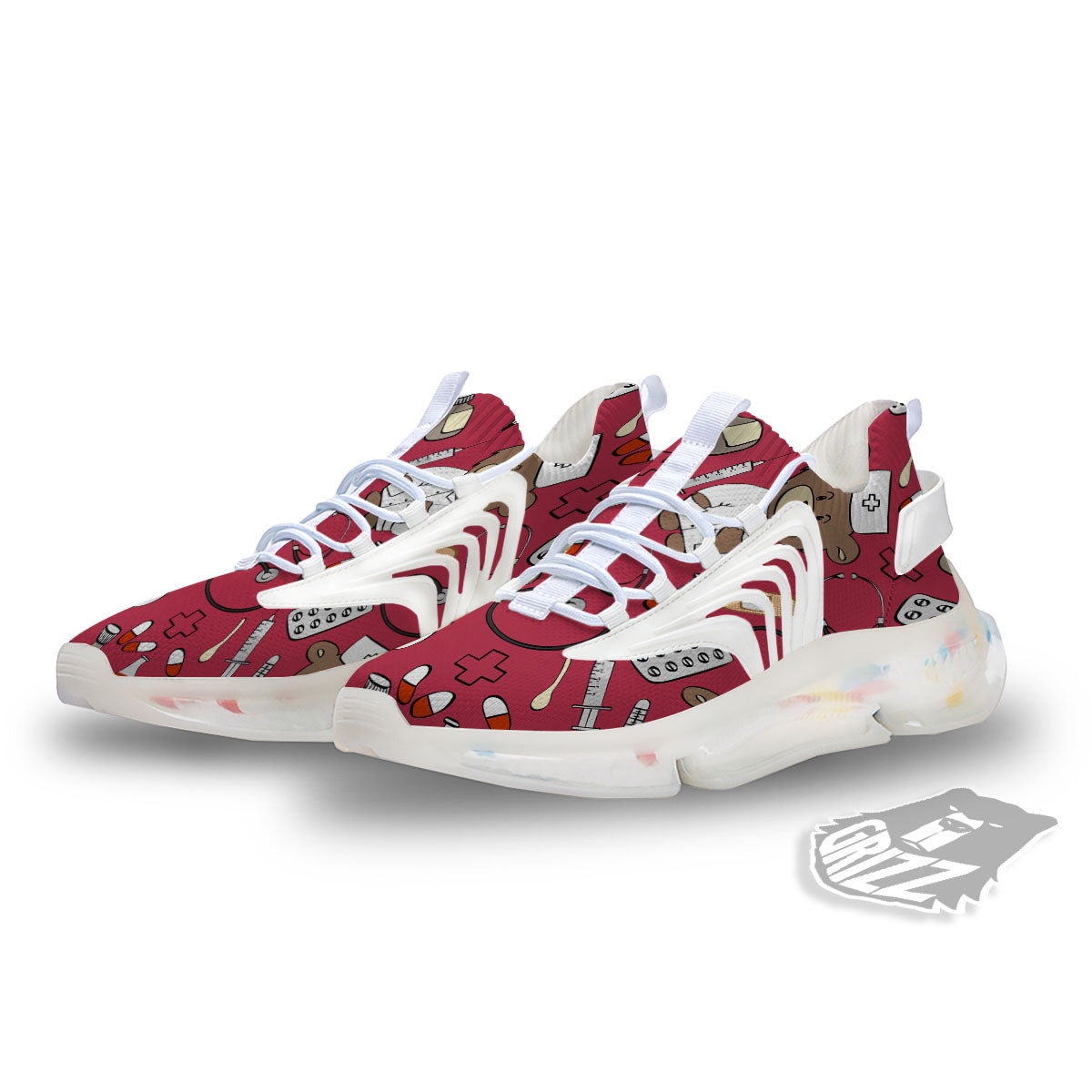 Maroon Teddy Bear Nurse White Gym Shoes-grizzshop