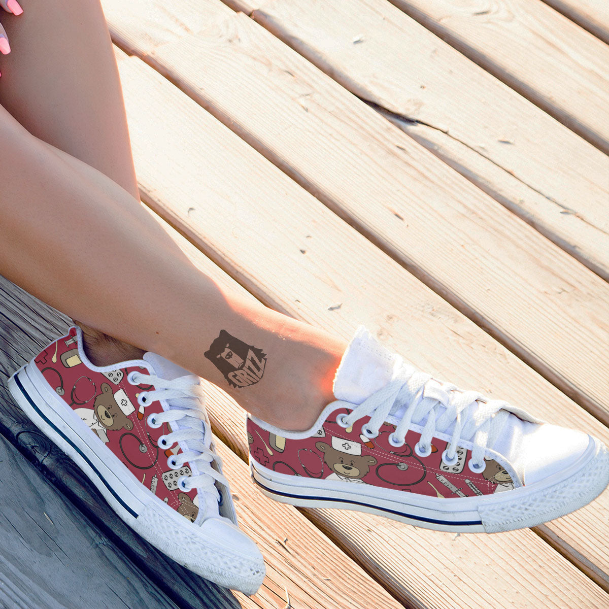 Maroon Teddy Bear Nurse White Low Top Shoes-grizzshop