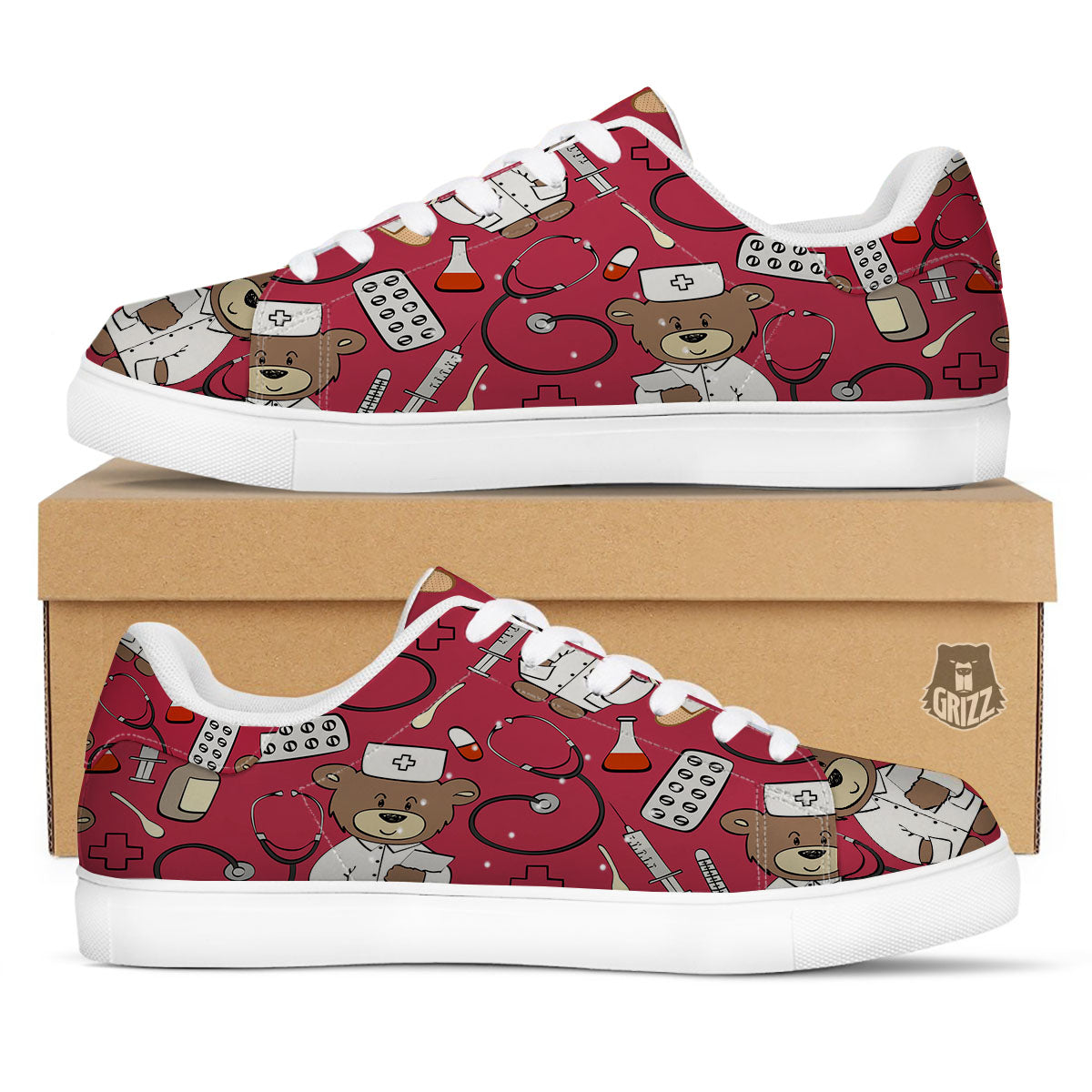 Maroon Teddy Bear Nurse White Low Top Sneakers-grizzshop