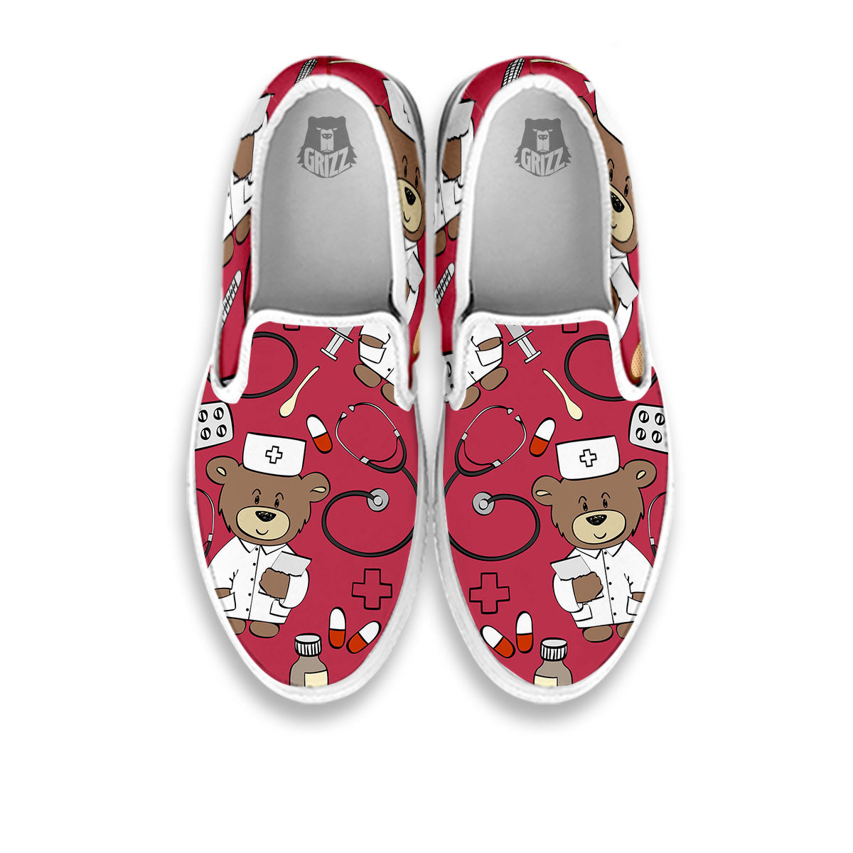 Maroon Teddy Bear Nurse White Slip On Shoes-grizzshop