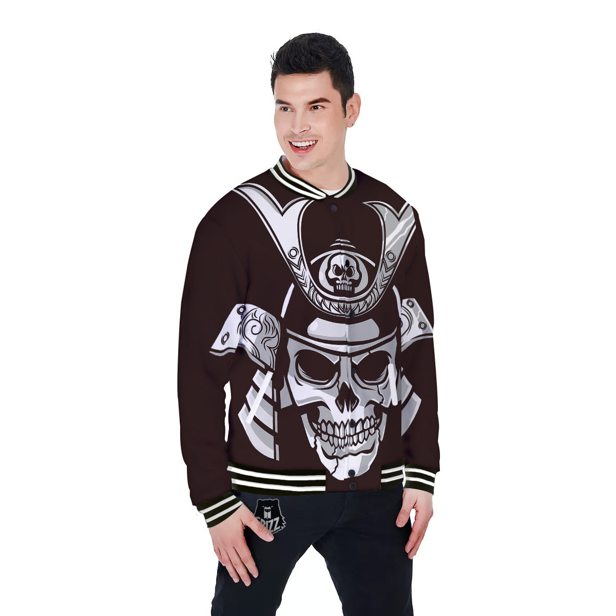 Mask Black Samurai Print Baseball Jacket-grizzshop