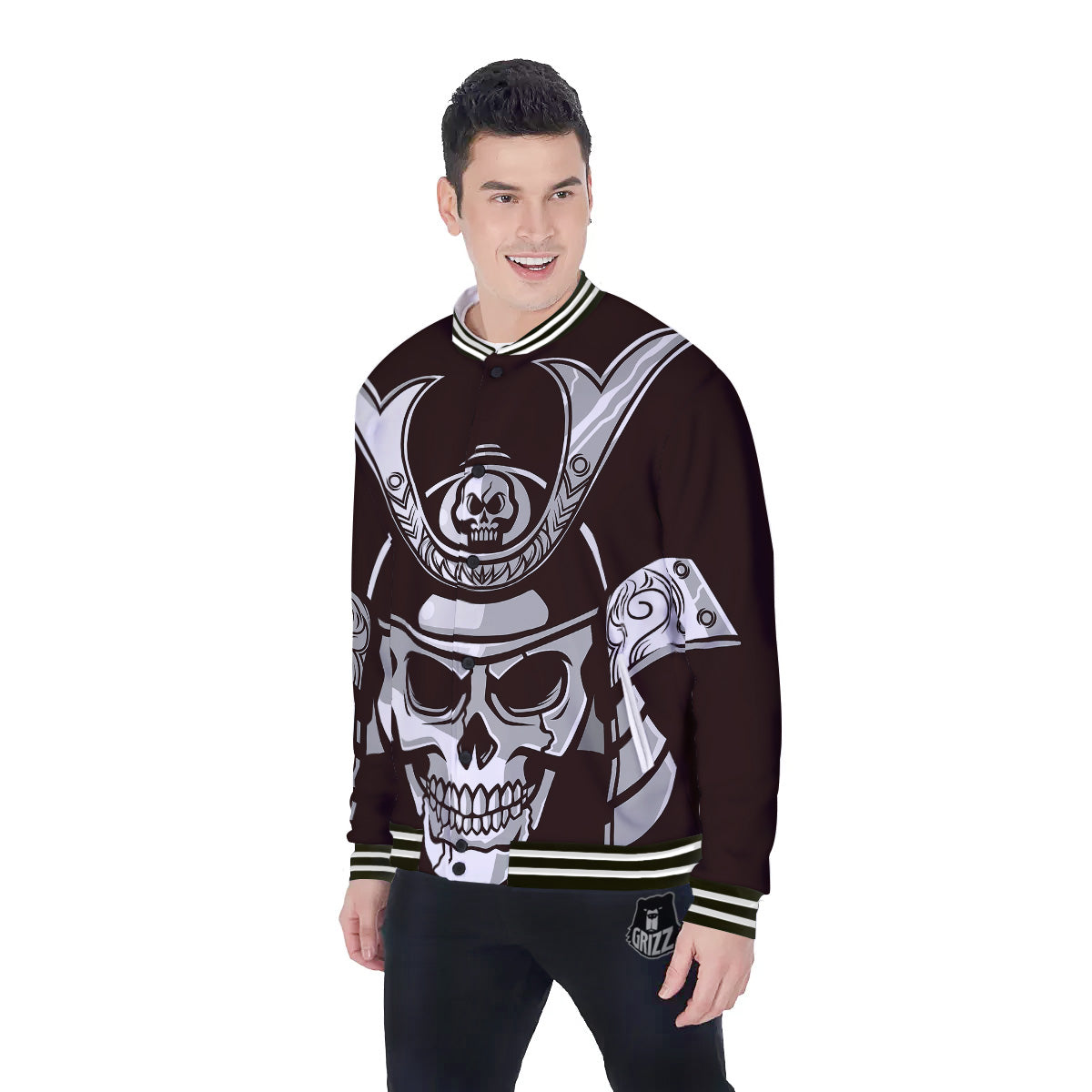 Mask Black Samurai Print Baseball Jacket-grizzshop